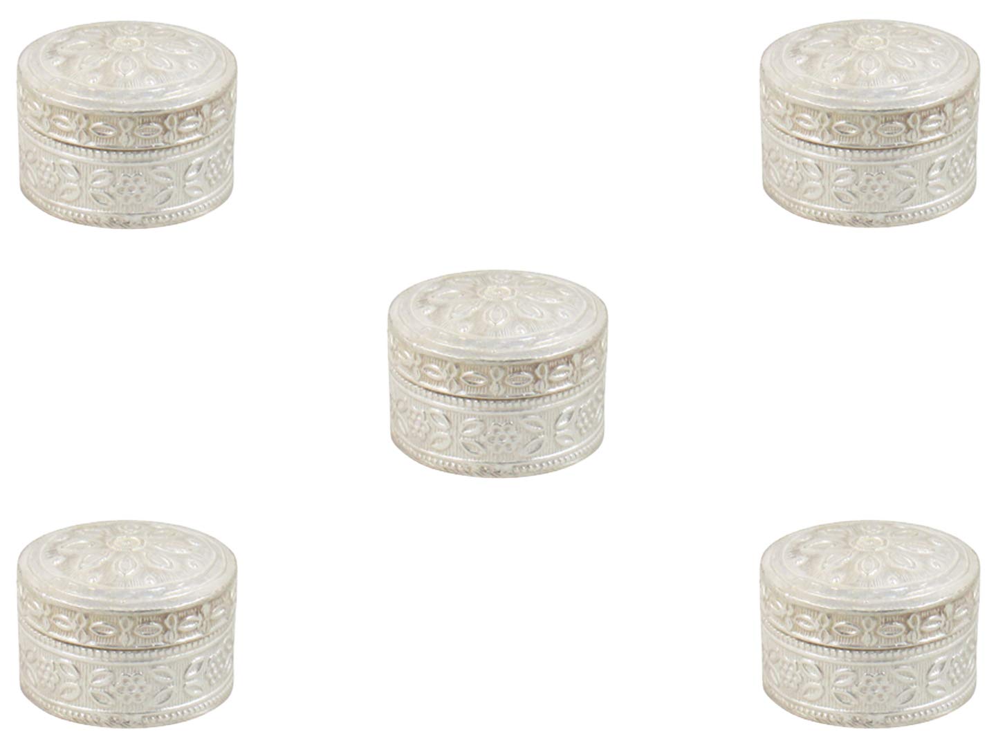 Pure Silver Sindoor Box for Women - Elegant Kumkum Holder for Indian Wedding & Pooja Ceremonies | Traditional Silver Pooja Items with Potli Bags (Pack of 5) | Perfect as Bridal Return Gifts & Religious Offerings