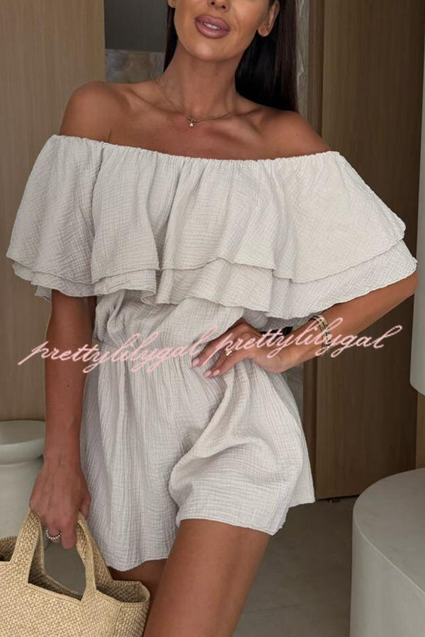 Solid Color Off Shoulder Ruffled Casual Waist Rompers for Women - Summer Beach Party Outfit & Vacation Jumpsuit