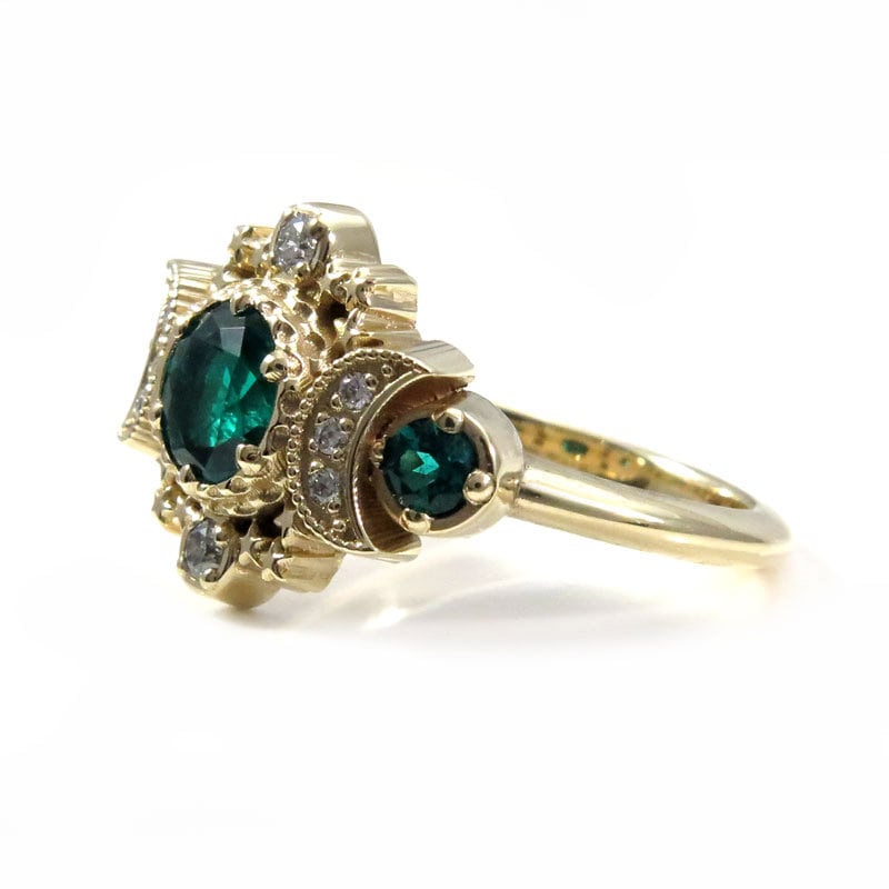 Chatham Emerald & Diamond Moon Phase Engagement Ring in Rose, Yellow, or White Gold - Boho Celestial Jewelry for Weddings & Proposals