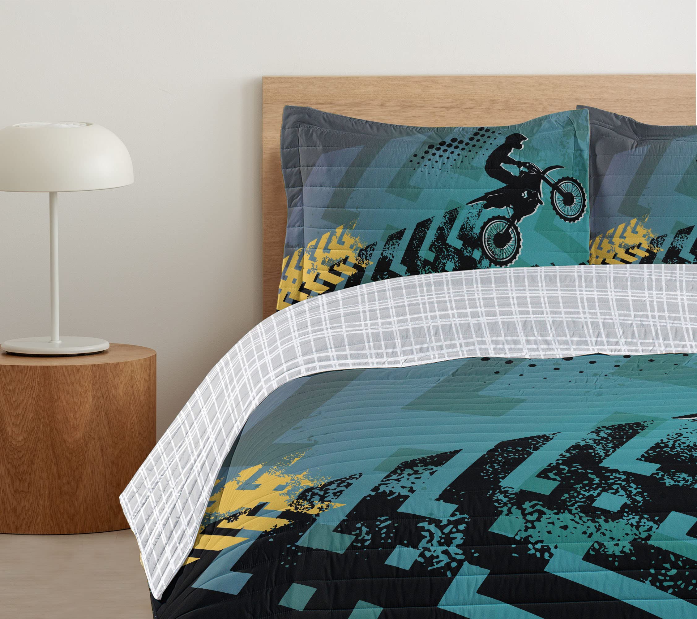 Ambesonne Reversible Dirt Bike Bedspread Set - Extreme Sports Stunt Racer Silhouette Design with Grunge Arrows | Microfiber Comforter & Pillow Shams | King Size Bedding in Teal, Pale Blue & Black | Perfect for Motorcycle Enthusiasts' Bedrooms & Man Caves