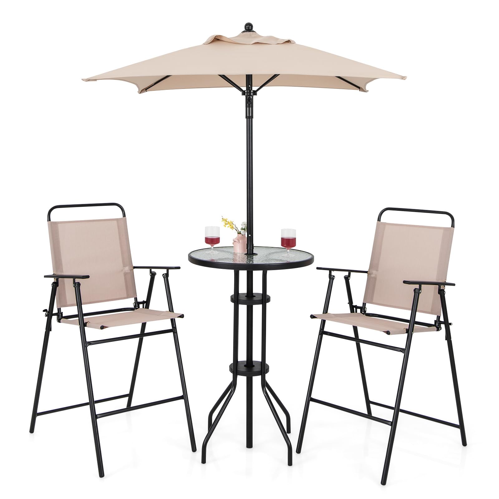 Giantex 4-Piece Outdoor Bar Set with Tempered Glass Top - Round High Top Bistro Table & 2 Folding Counter Height Chairs, Beige Patio Furniture for Garden, Porch, Poolside & Backyard Entertaining