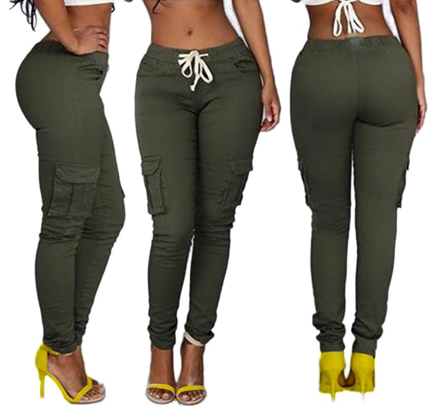Andongnywell Women's Stretch Cargo Joggers - Solid Color Drawstring Skinny Pants with Pockets & Tie Waist for Butt Lift | Casual Workout, Running, Yoga & Lounge Wear