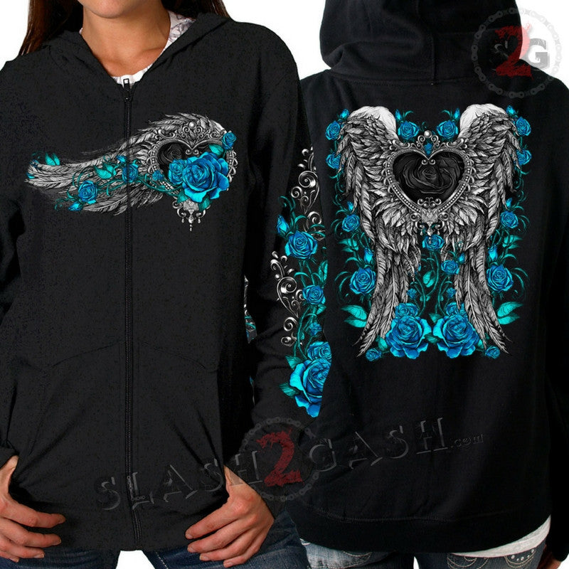 Angel Roses Zip-Up Hooded Sweatshirt for Women with Wings Design - Stylish & Comfortable Outerwear for Casual Wear, Biker Fashion & Everyday Outfits