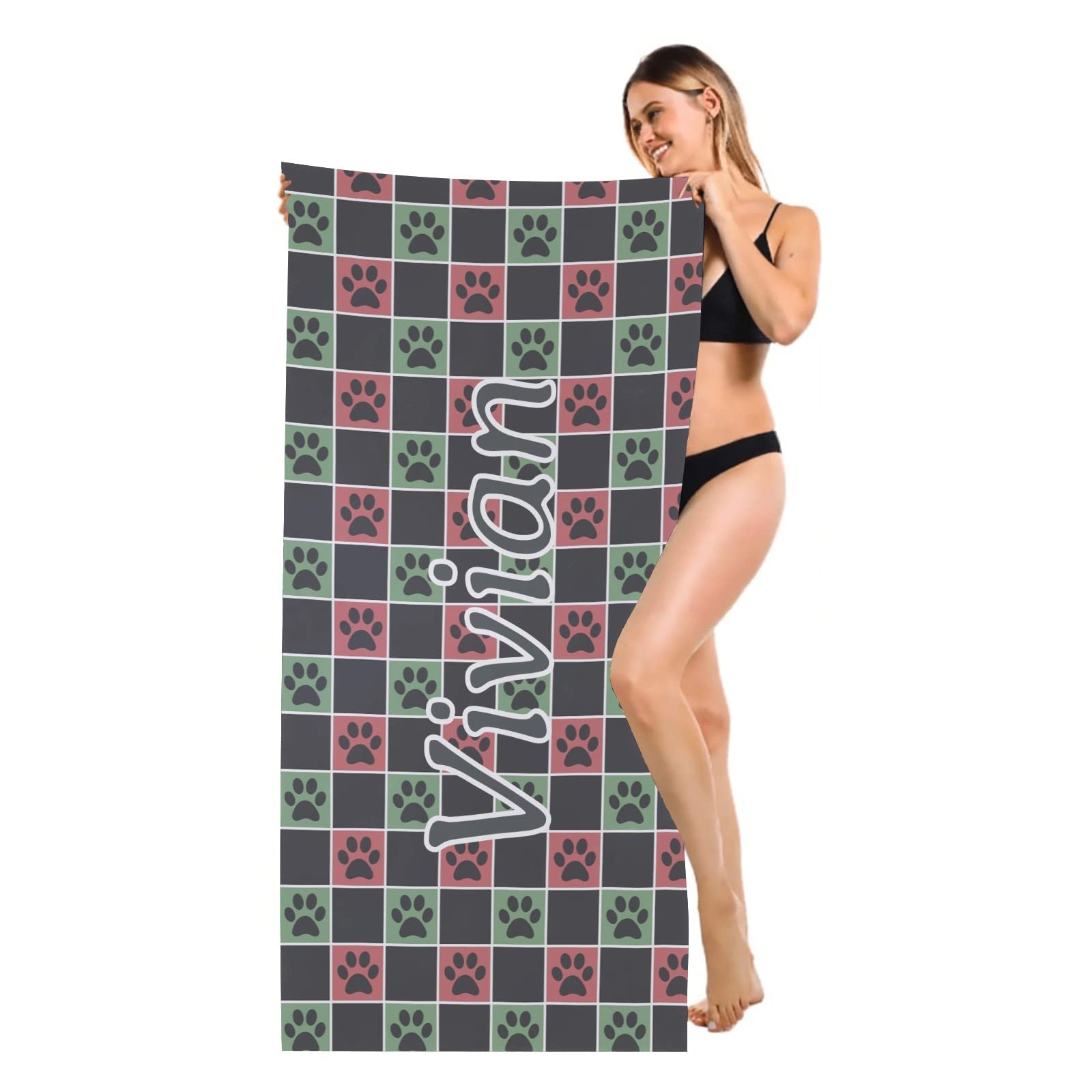 Custom Personalized Grey Plaid Beach Towel with Name - 30