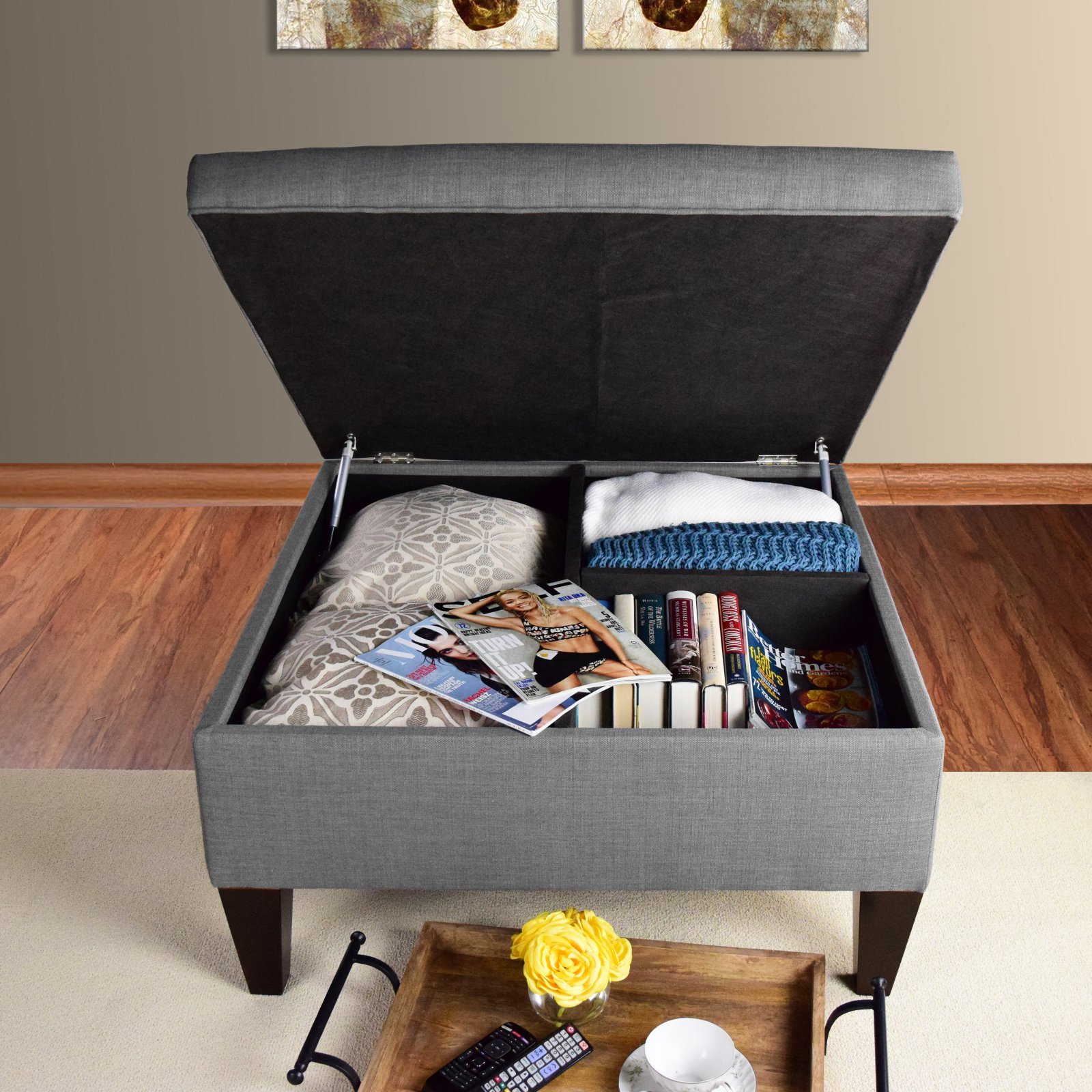 MJL Furniture Designs Manhattan Extra Large Storage Ottoman with 3 Compartments & Lift-Top - Upholstered Coffee Table Bench, Toy Box Organizer for Living Room, Bedroom, Nursery - Light Grey 34