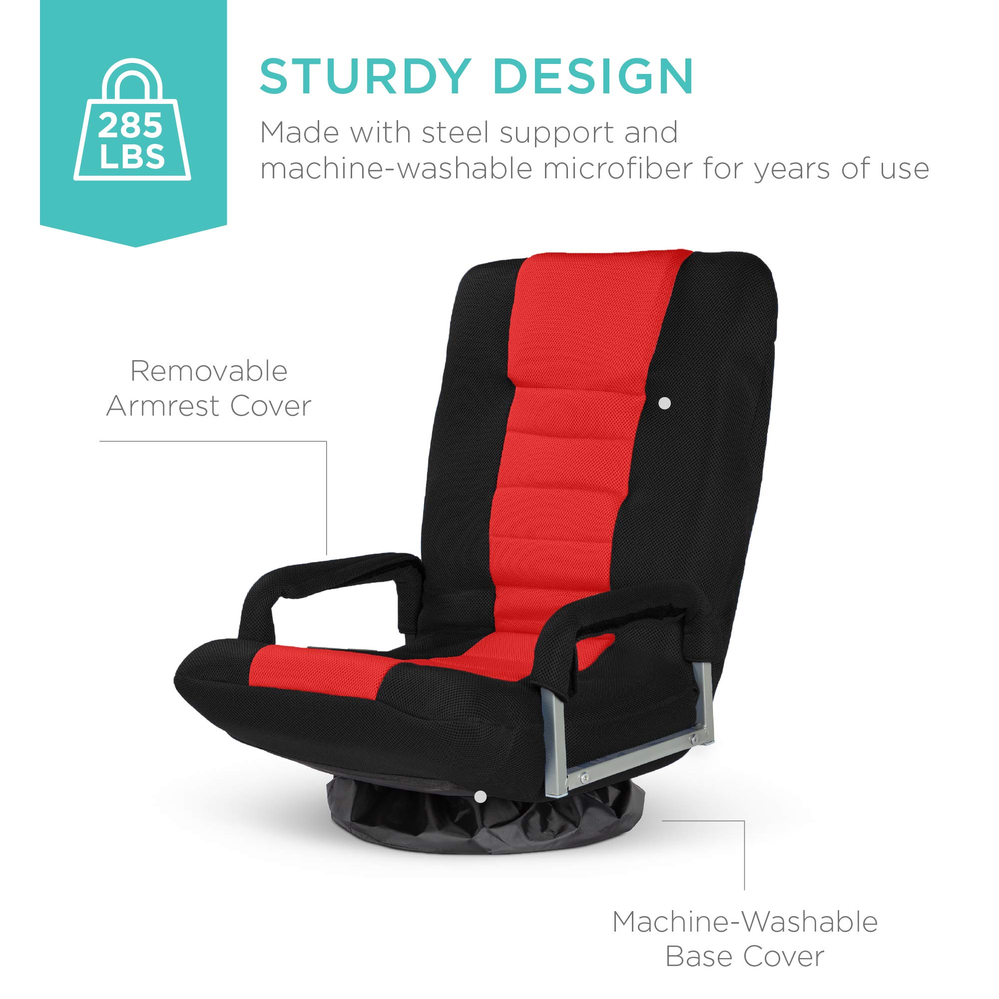 Best Choice Products 360 Degree Swivel Gaming Chair with Lumbar Support & Adjustable Backrest - Multipurpose Floor Rocker for TV Watching, Video Gaming, Reading - Ergonomic Armrest Handles (Black/Red) - Perfect for Home Office, Gaming Setup & Living Room Relaxation