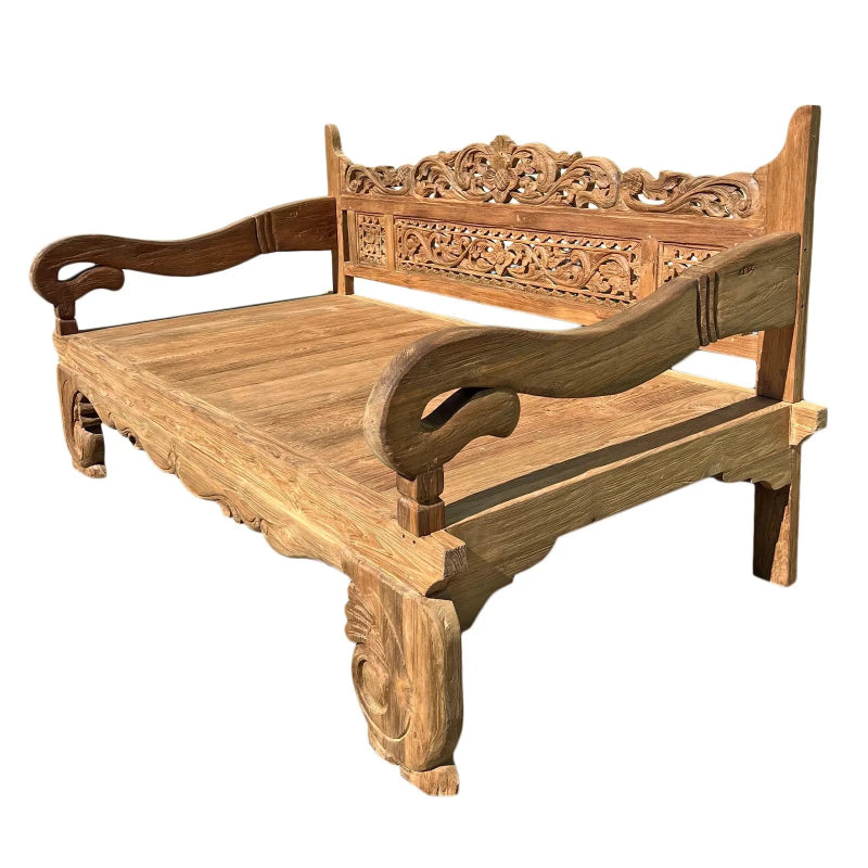 Hand Carved Solid Wood Daybed Bench - Natural Wooden Sofa Bed for Living Room, Bedroom, or Outdoor Patio - Perfect for Lounging, Napping, and Extra Seating