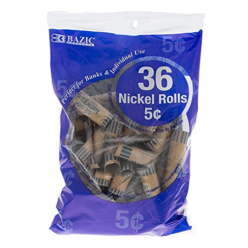 BAZIC 50-Pack Durable Preformed Coin Wrappers Rolls for Nickels - Made in USA, 36 Rolls per Pack | Perfect for Banks, Retail Stores & Home Coin Organizing