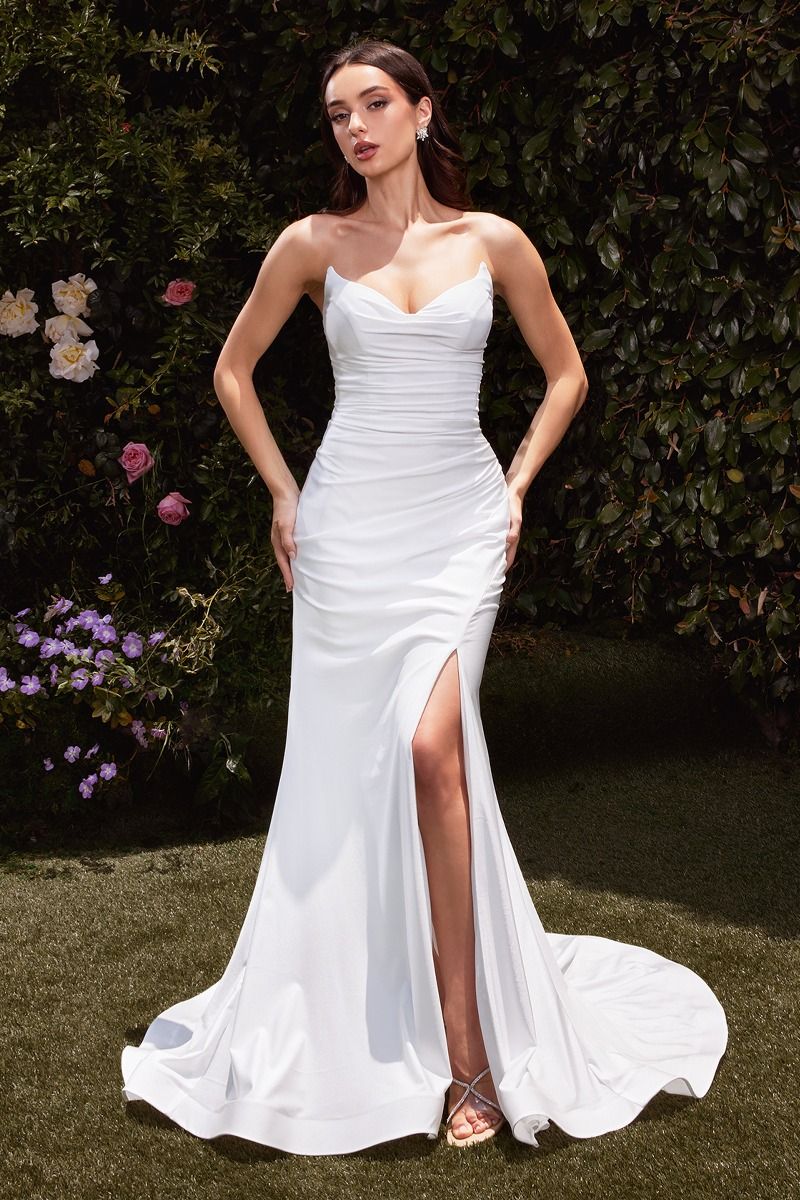 Elegant Strapless Stretch Spandex Satin Fitted Gown - Pointed V Neckline Ava Dress in Off White | Perfect for Prom, Evening Gala & Special Occasions