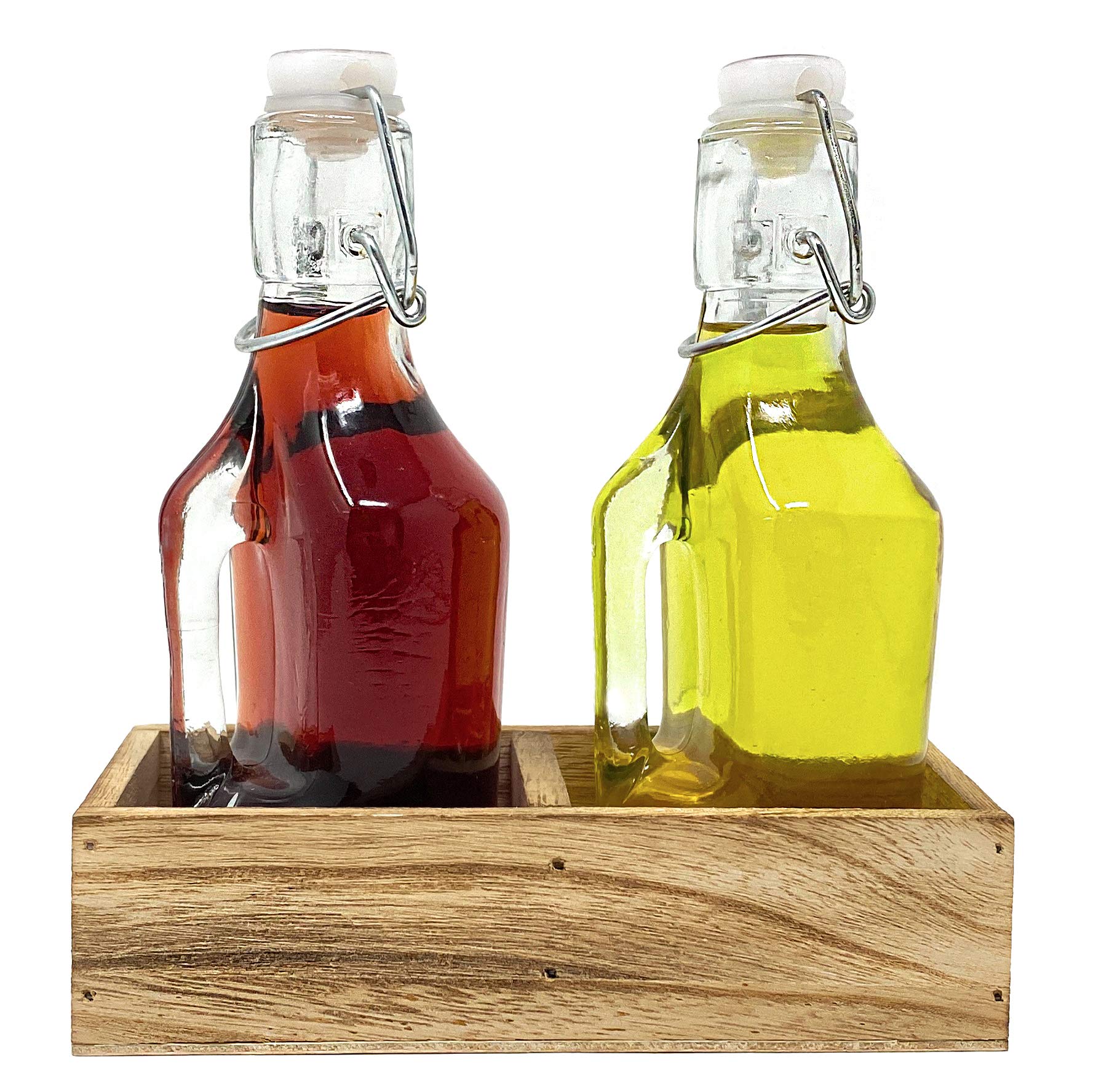 Oil and Vinegar Dispenser Set - Glass Cruet Bottles with Swing Top & Wood Caddy - Rustic Farmhouse Kitchen Decor for Salad Dressing, Condiments, Cooking, and Entertaining