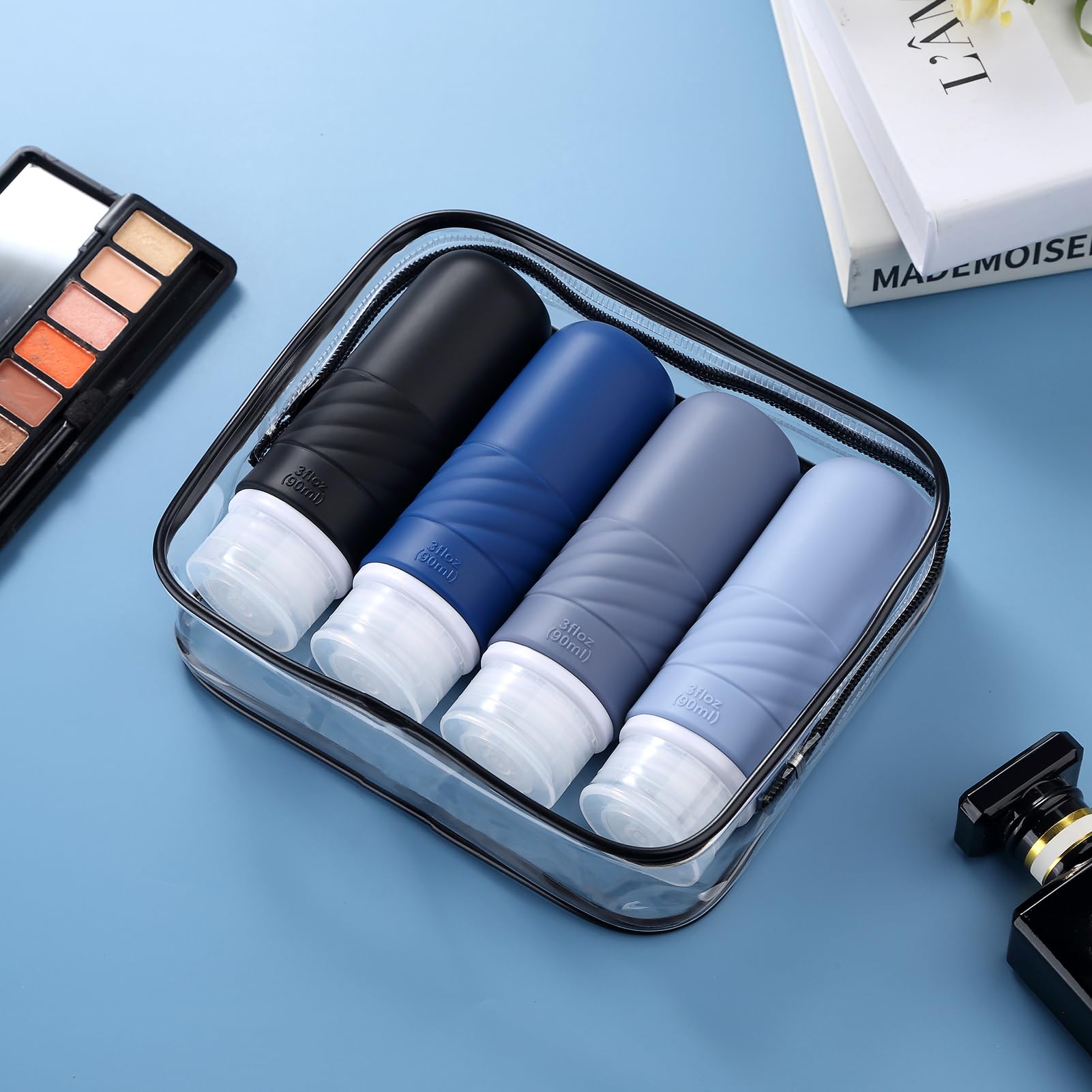 TSA Approved 3oz Travel Bottles for Toiletries - 4 Pack Leak Proof Squeezable Containers for Shampoo, Conditioner & Lotion | BPA Free Portable Travel Accessories | Perfect for Airplane Carry-On, Gym & Vacation Essentials