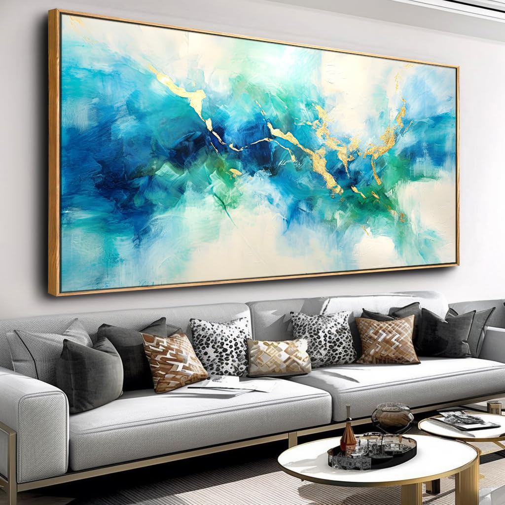 Abstract Canvas Wall Art - Green, Blue & Gold Fantasy Painting - Modern Home Decor for Bedroom, Living Room, Dining Room & Office - 24x48 Inch Framed Artwork - Perfect for Contemporary Spaces & Gift Giving
