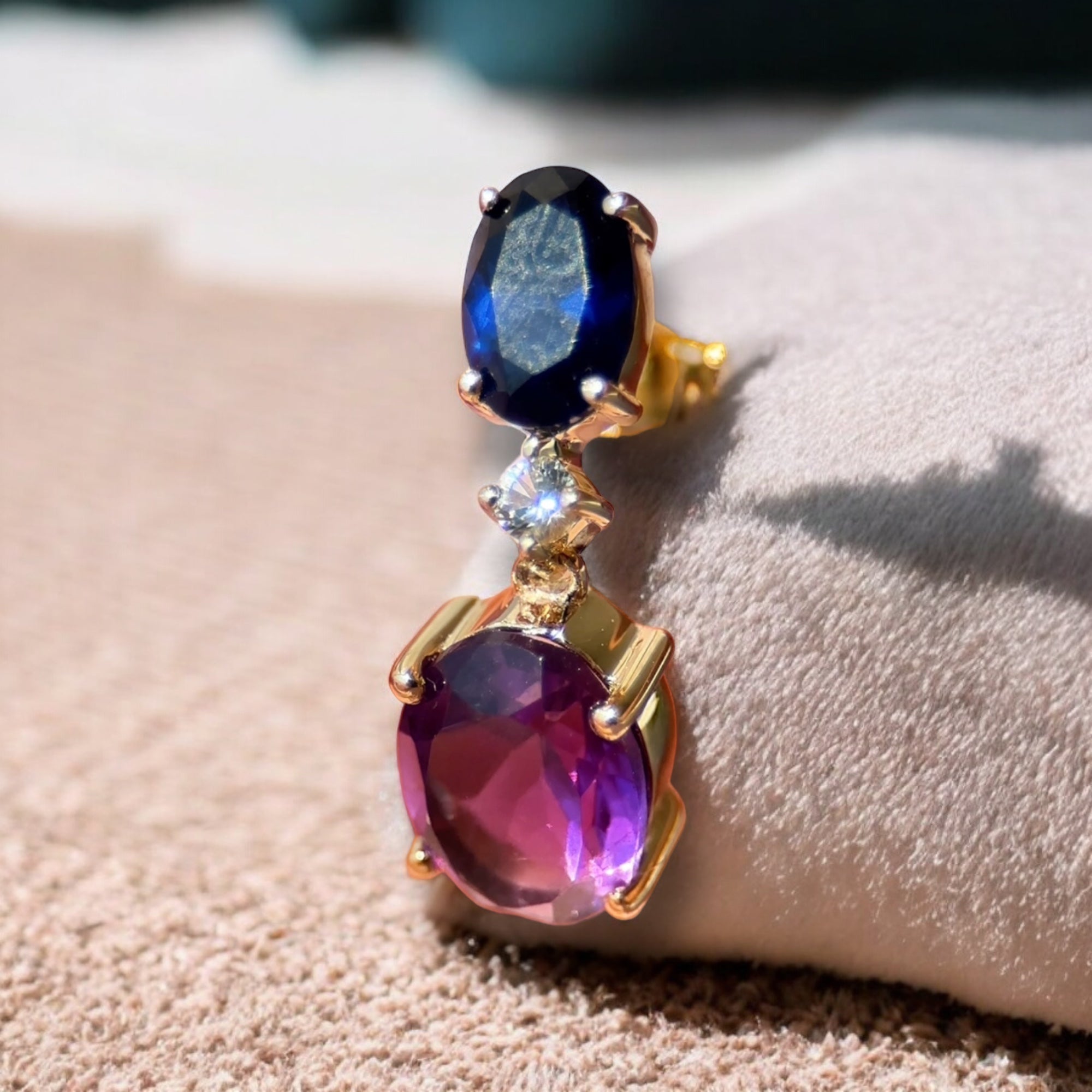 10K Yellow Gold Dangling Oval Sapphire & Amethyst Earrings for Women - Elegant Birthstone Jewelry Gift for Anniversary, Wedding & Special Occasions