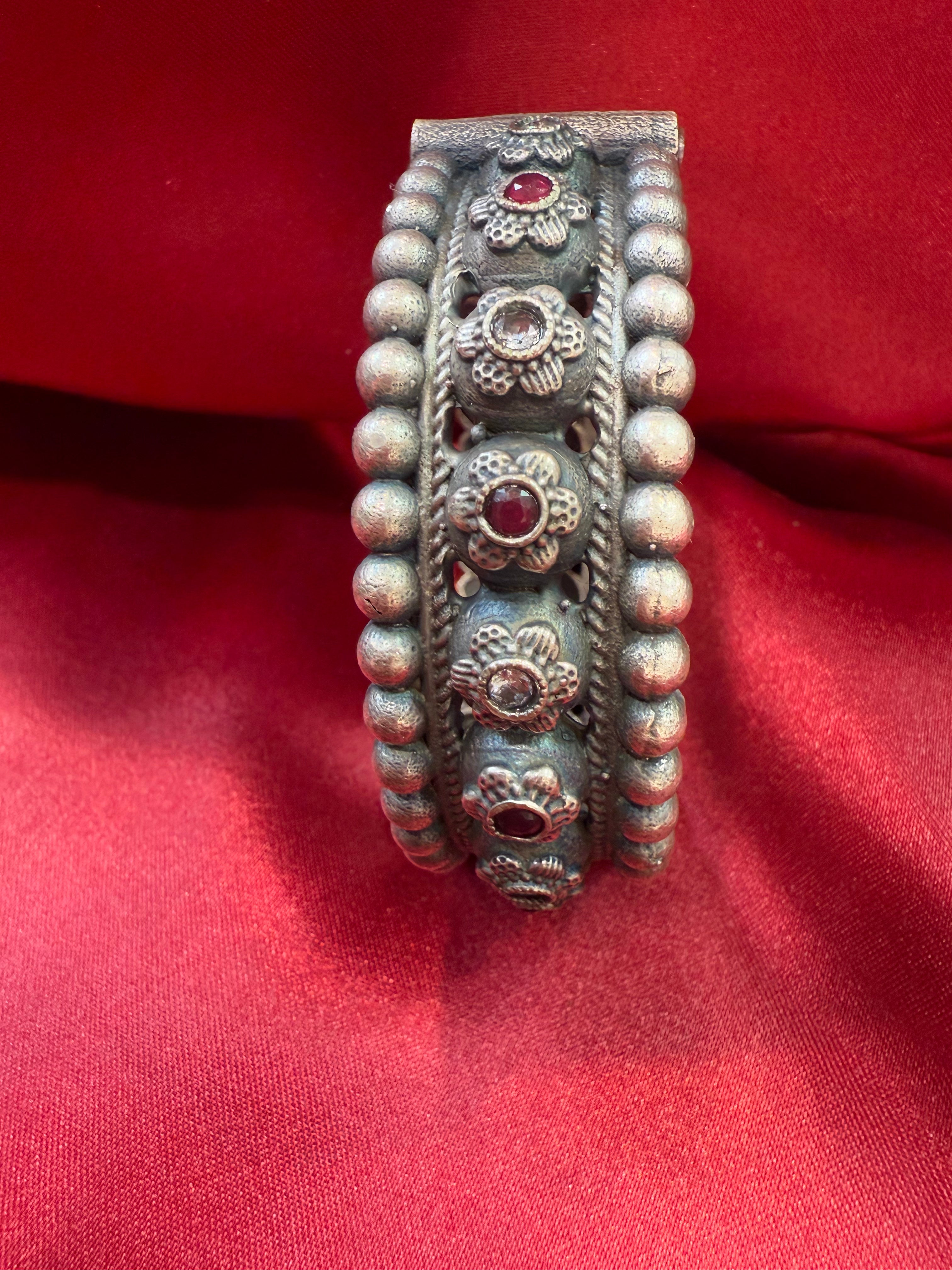 Handmade Tribal Oxidized Silver Ethnic Open Bridal Kada Cuff Bracelet with Maroon & White Stones - Perfect for Weddings, Boho Fashion & Festival Jewelry
