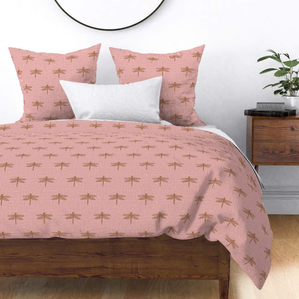 Premium Cotton Sateen Duvet Cover Full/Queen Size - Elegant Copper Dragonflies & Pink Dragon Insects Nature Print | Custom Bedding Set for Modern Bedroom Decor | Perfect for Master Bedroom, Guest Room & Dorm