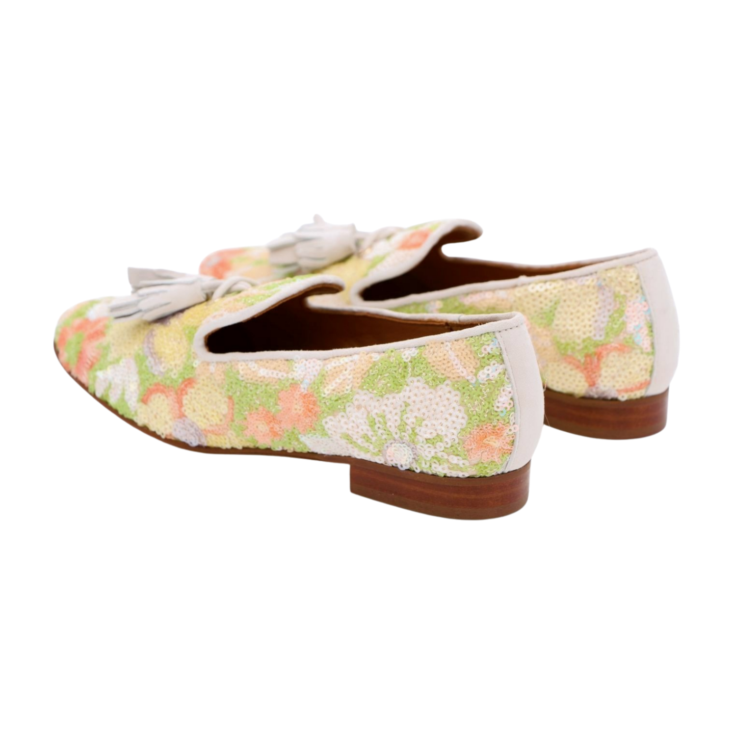 PEDRO MIRALLES Women's Green & Peach Sequins Loafers with Tassels - Stylish Slip-On Shoes for Women | Perfect for Office, Parties & Casual Outings