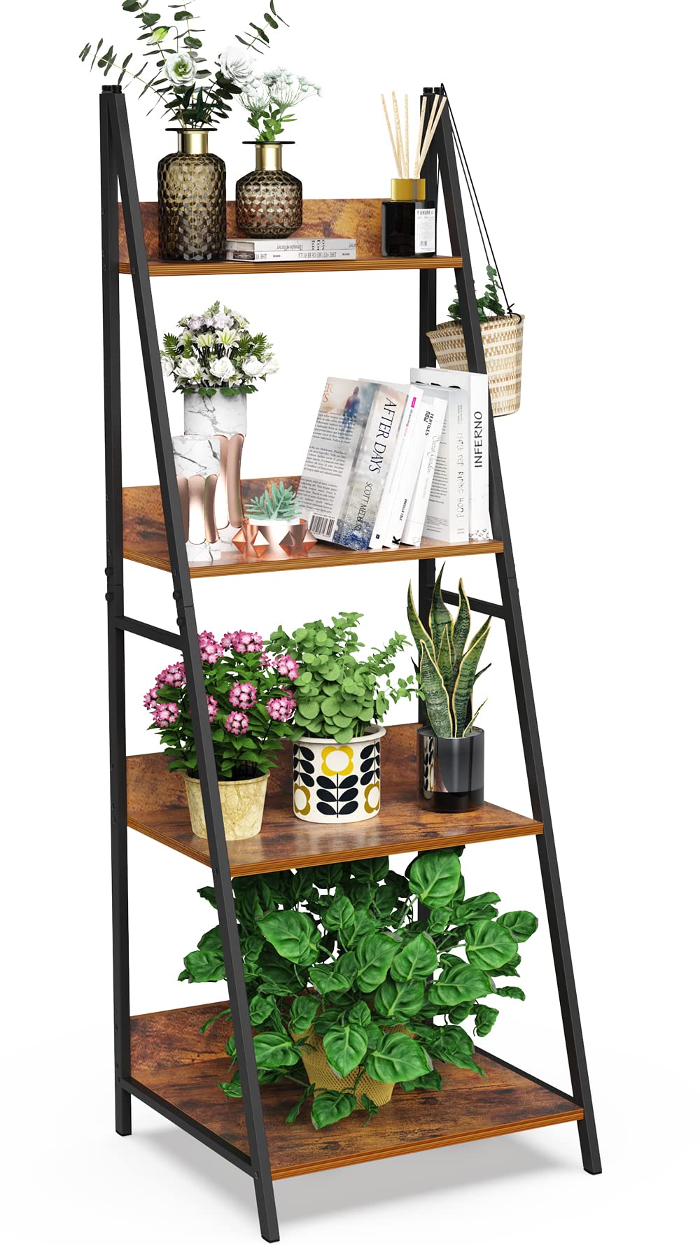 SpringSun 4-Tier Wooden Ladder Shelf - Sturdy Steel Frame Storage Rack for Plants, Books & Home Decor | Perfect for Living Room, Bedroom & Office Organization (Brown)