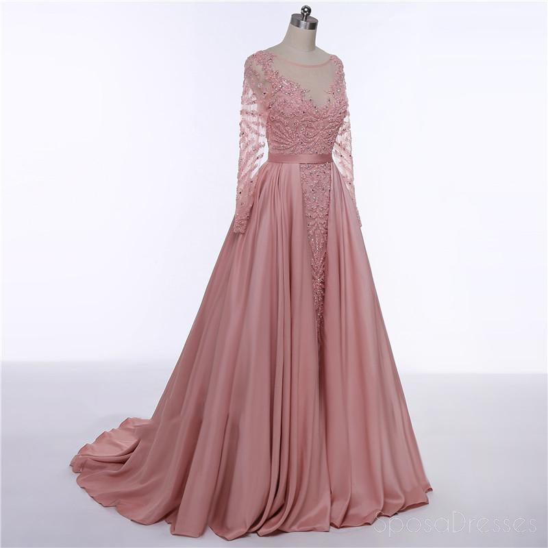 Elegant Long Sleeve Sheer Beaded Dusty Pink Evening Prom Dress - 2018 Popular Party Gown for Formal Events & Special Occasions