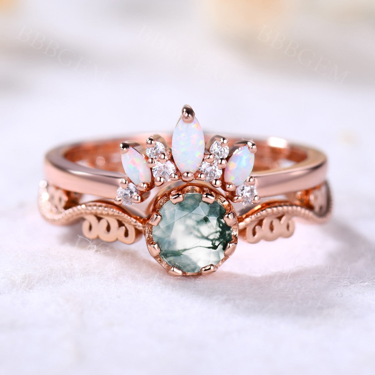 Natural Moss Agate Opal Diamond Engagement Ring Set - Vintage Art Deco Style Wedding Band for Bride - Perfect for Proposals, Anniversaries & Special Occasions