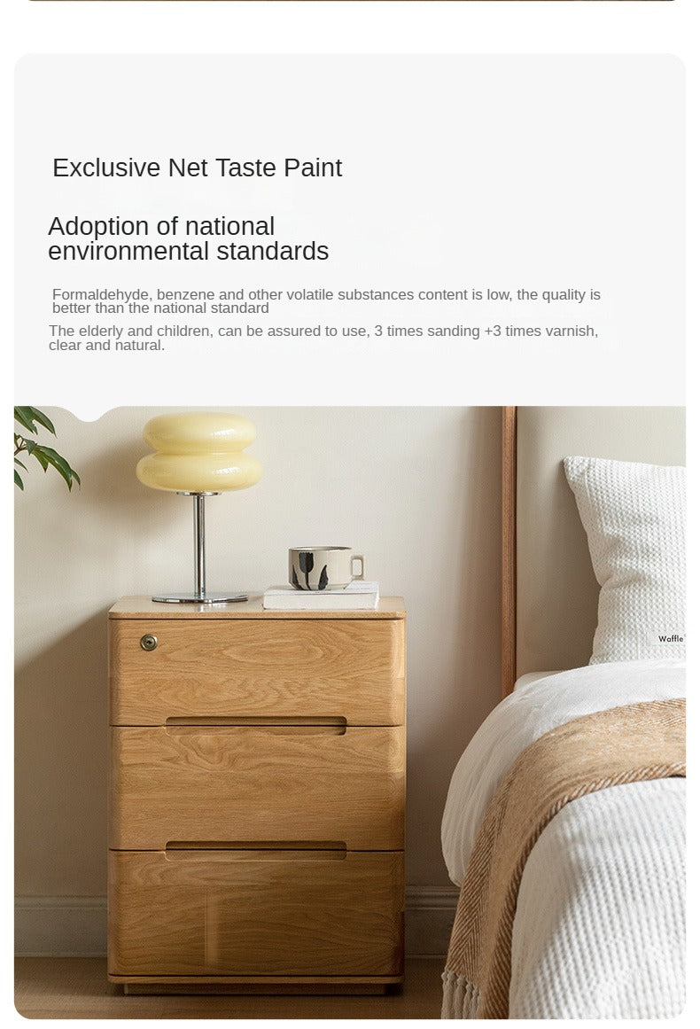 Solid Oak Wood 3-Drawer Nightstand with Lock - Bedside Table for Bedroom, Living Room & Office Storage
