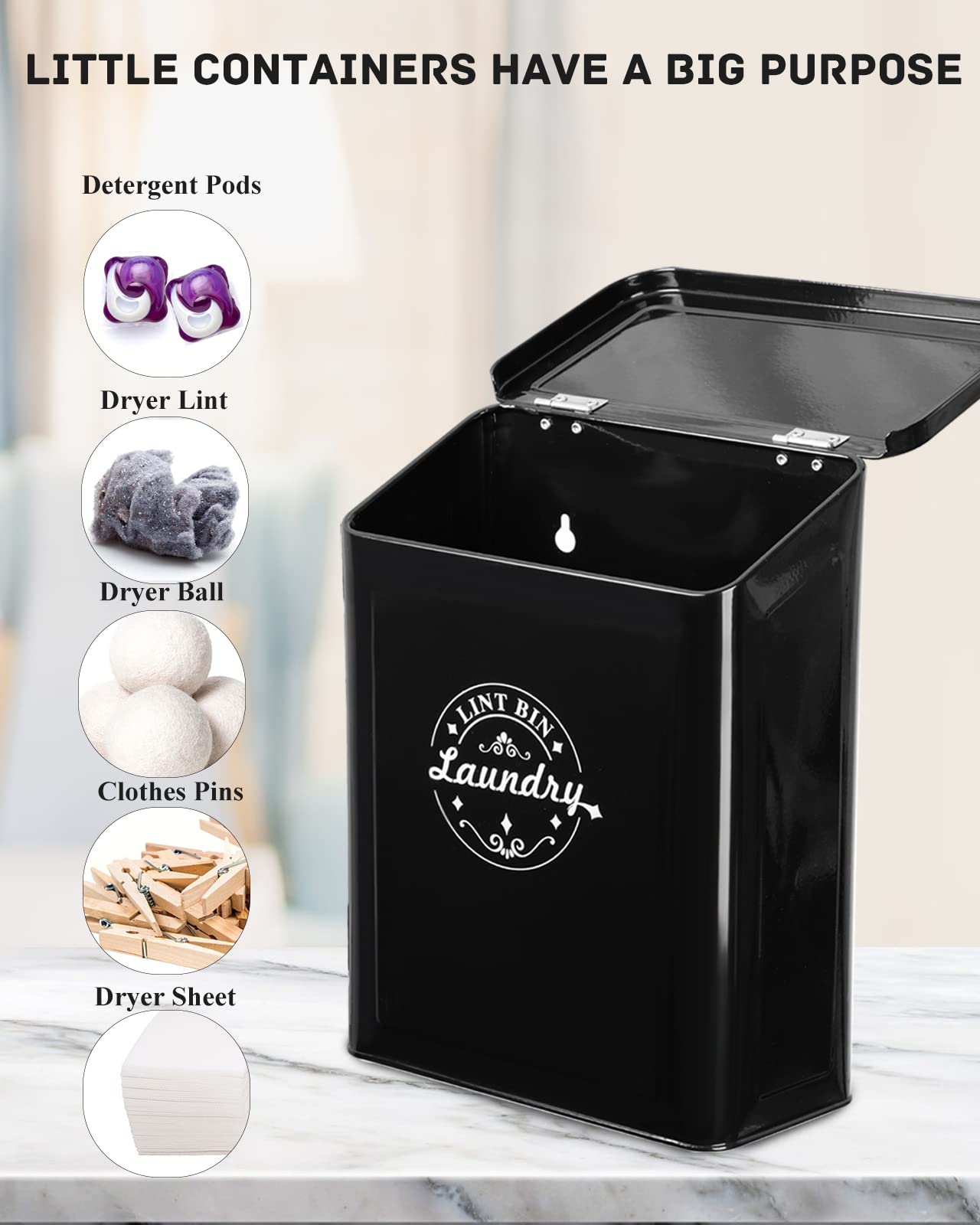 Magnetic Lint Bin with Brush - Wall Mounted Laundry Lint Catcher for Dryer, Space Saving Laundry Room Organizer & Storage - Perfect for Laundry Room Decor & Clothes Dryer Maintenance (Black)