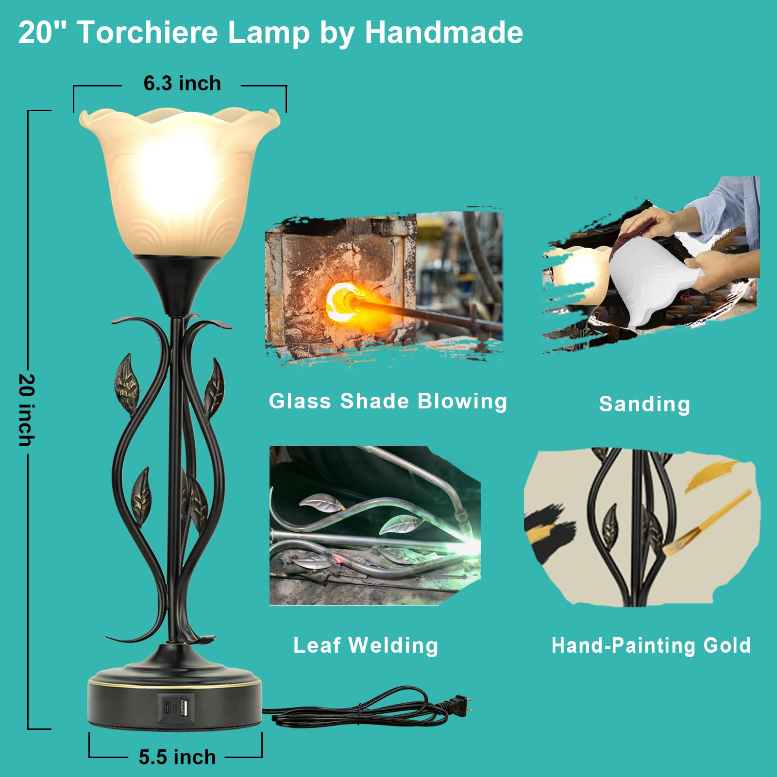 2 Pack Bedside Lamps with USB Port - 3-Way Dimmable Touch Control Table Lamps, Rustic Vine Leaf & Glass Flower Shade Nightstand Lighting for Bedroom, Living Room, Office - Perfect for Reading, Relaxation & Home Decor