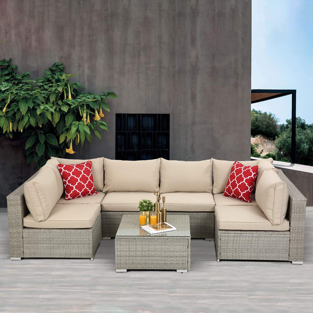 7-Piece Outdoor Rattan Patio Furniture Set with Coffee Table & Washable Cushions - Light Gray Wicker Sectional Sofa Conversation Set for Garden, Poolside, Balcony, Backyard & Porch - Weather-Resistant & Comfortable for Outdoor Relaxation & Entertaining