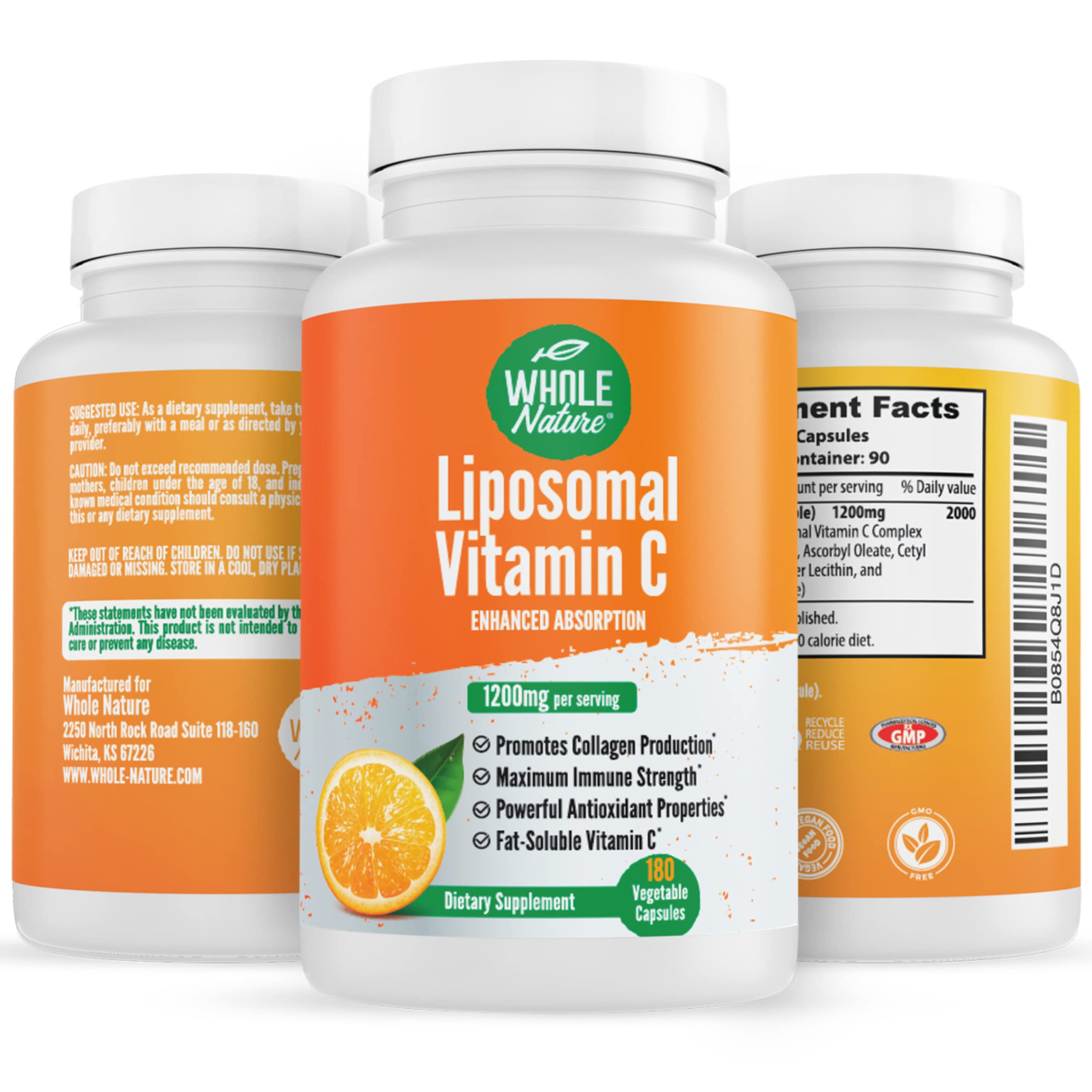 Liposomal Vitamin C 1200mg Supplement - 180 Vegan Capsules for High Absorption | Fat Soluble Vitamin C with Sunflower Lecithin | Maximum Strength Immune Support & Collagen Booster | Ideal for Daily Wellness & Skin Health
