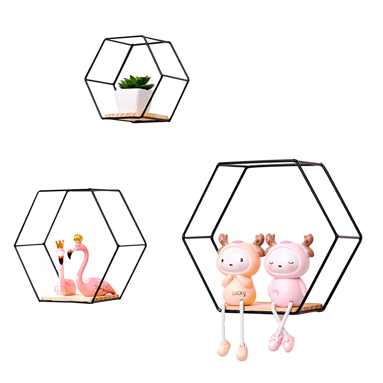 Morobor Hexagon Floating Shelves Set of 3 - Gold Metal Frame with Wooden Shelf in Black | Wall Mounted Storage & Display for Living Room, Bedroom, Office | Modern Chic Home Decor