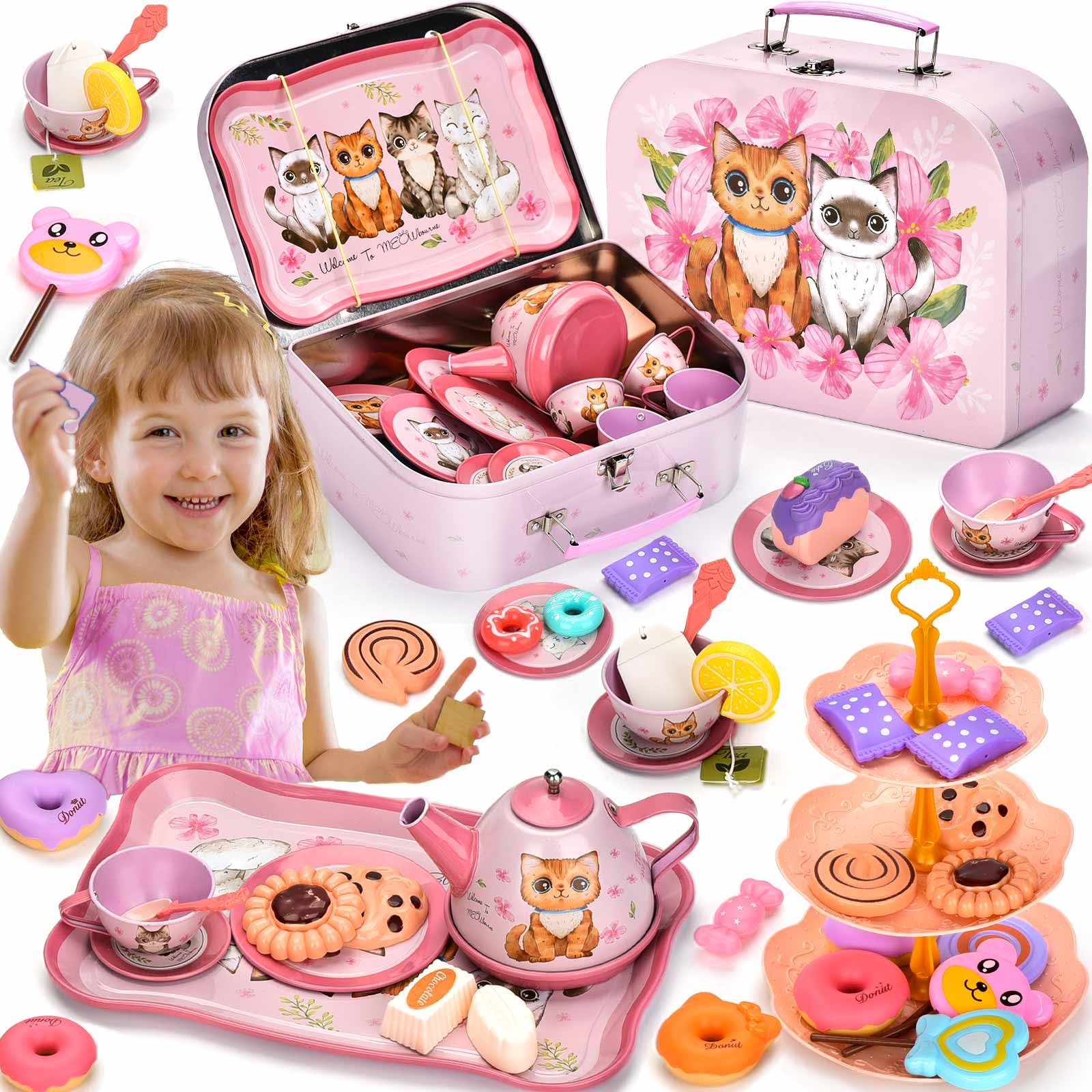 52-Piece Pretend Play Tea Set for Toddlers & Kids Ages 3-6 - Pink Tea Party Toys with Desserts & Metal Carrying Case - Perfect Birthday Gift, Christmas Stocking Stuffer for Girls - Fun Role Play for Playdates, Tea Parties & Imaginative Play