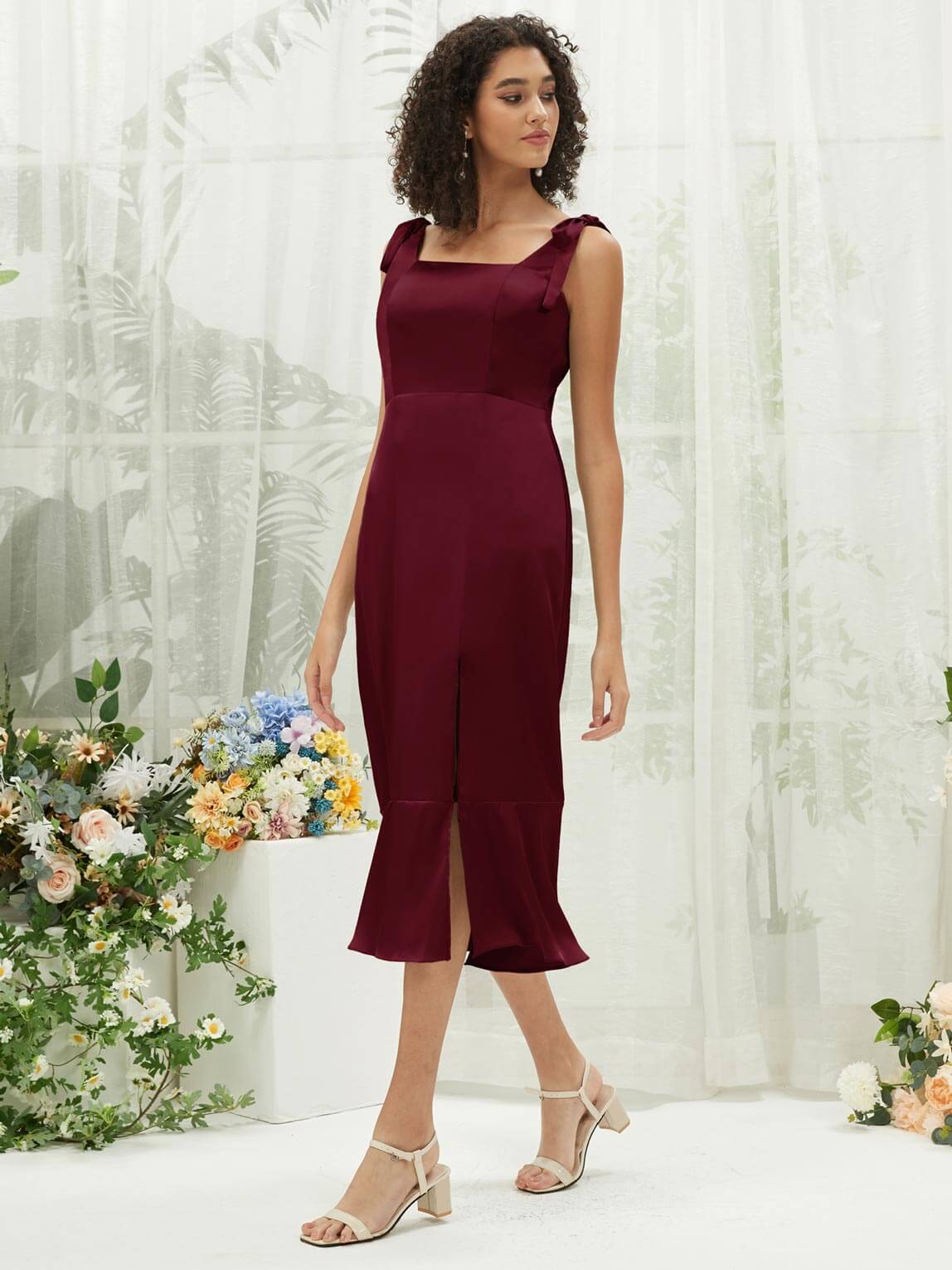 Elegant Burgundy Silk Satin Square Neck Bridesmaid Dress with Slit & Convertible Design - Perfect for Weddings, Parties, and Formal Events