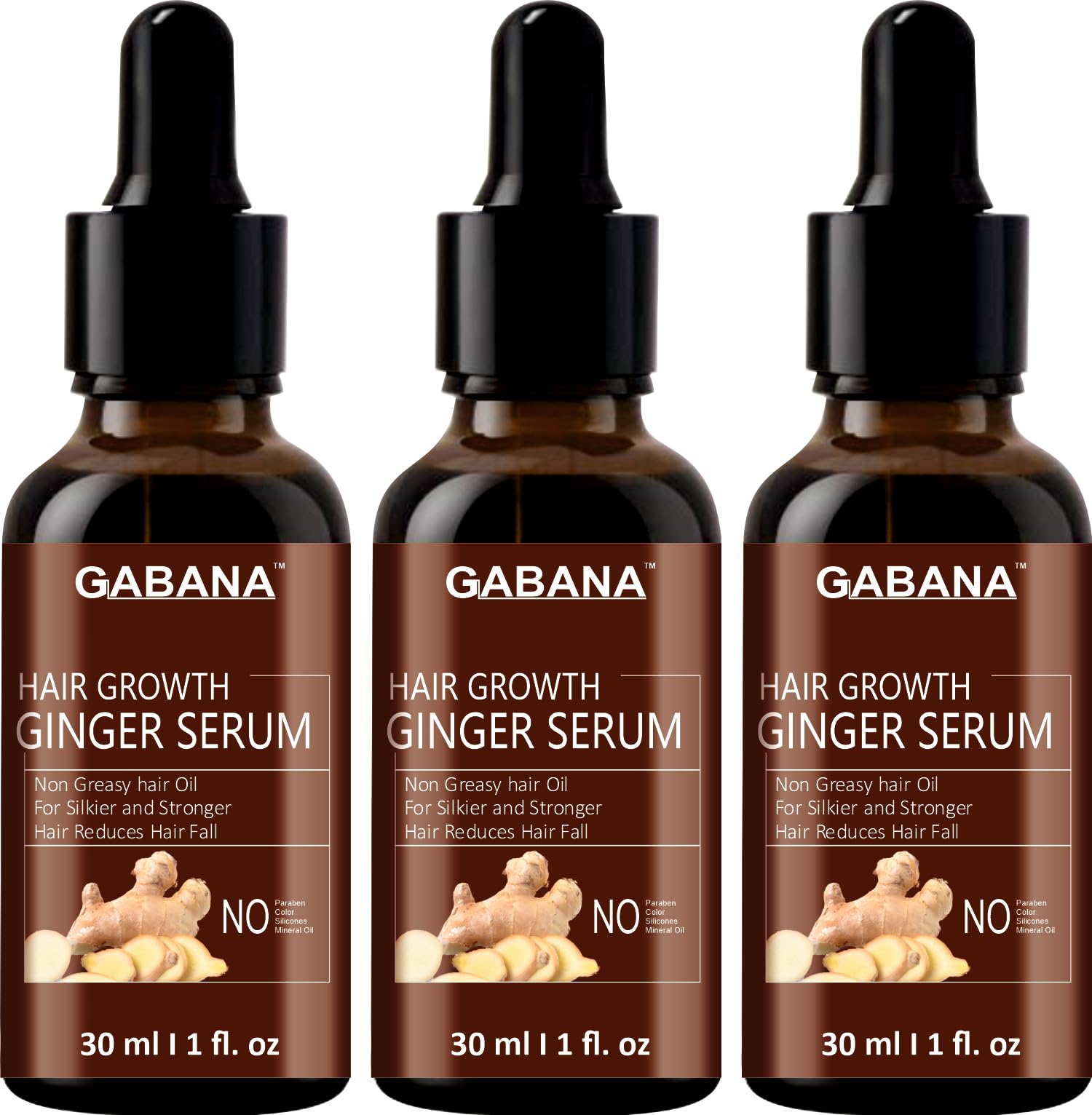 GABANA Hair Growth Ginger Serum for Men & Women - 3 Pack (30ml Each) | Natural Hair Loss Treatment for Strong, Silky & Frizzy Hair | Promotes Hair Regrowth & Thickness | Perfect for Daily Hair Care Routine & Scalp Massage