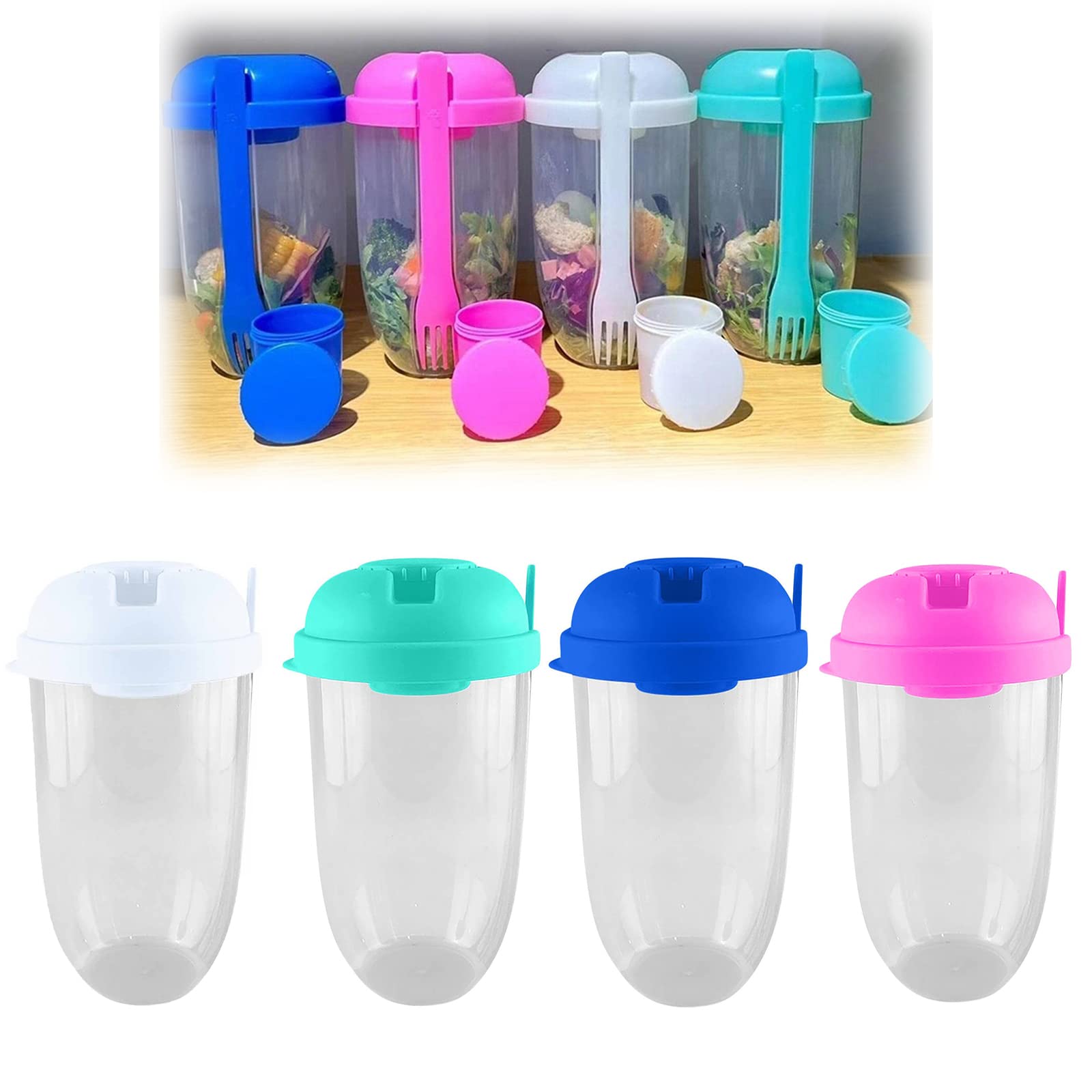 YUHUA 4-Piece Salad Meal Shaker Cup Set with Fork & Dressing Holder - Portable Fresh Salad Container for Office, Gym & On-The-Go (4 Colors) - Perfect for Healthy Eating, Meal Prep & Weight Loss