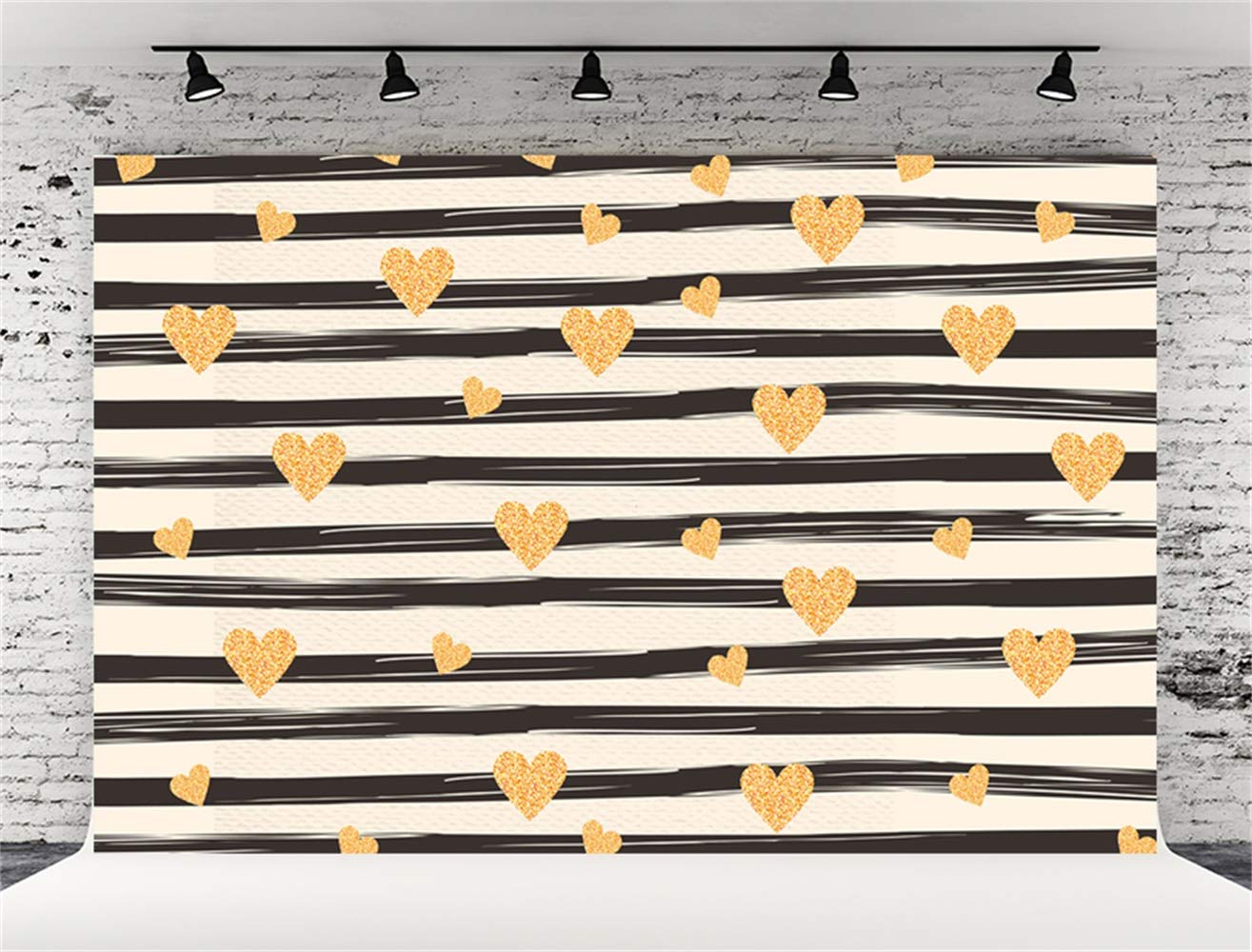 7X5ft (220cmX150cm) Golden Love Black and White Stripe Photography Backdrop - Premium Photo Studio Background for Birthday Parties, Baby Showers & Social Media Content Creation
