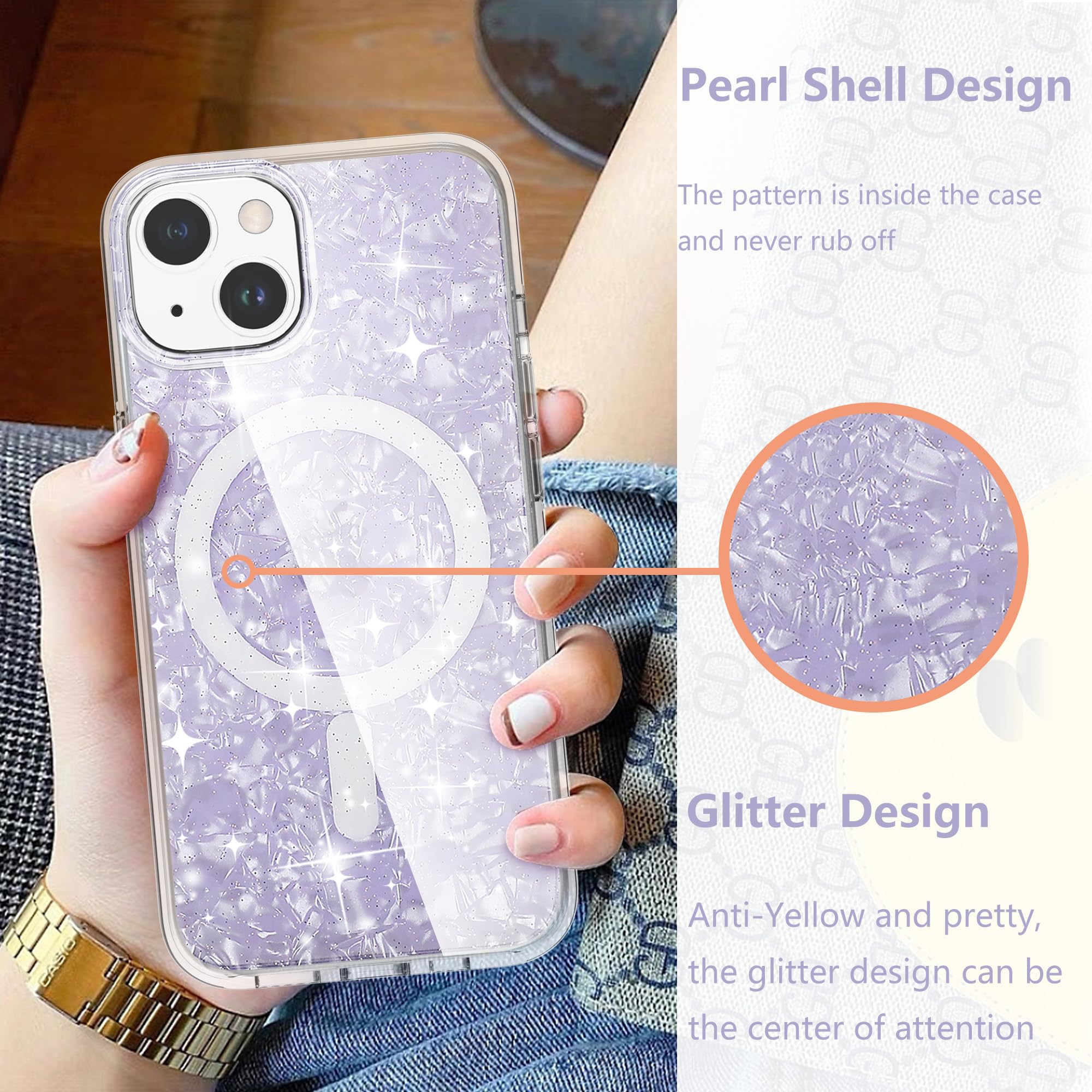 Tksafy MagSafe Compatible iPhone 13/14 Case - Glitter Pearl Design Hard PC Protective Shockproof Phone Cover for Women (Purple) | Perfect for Everyday Use, Work & Travel