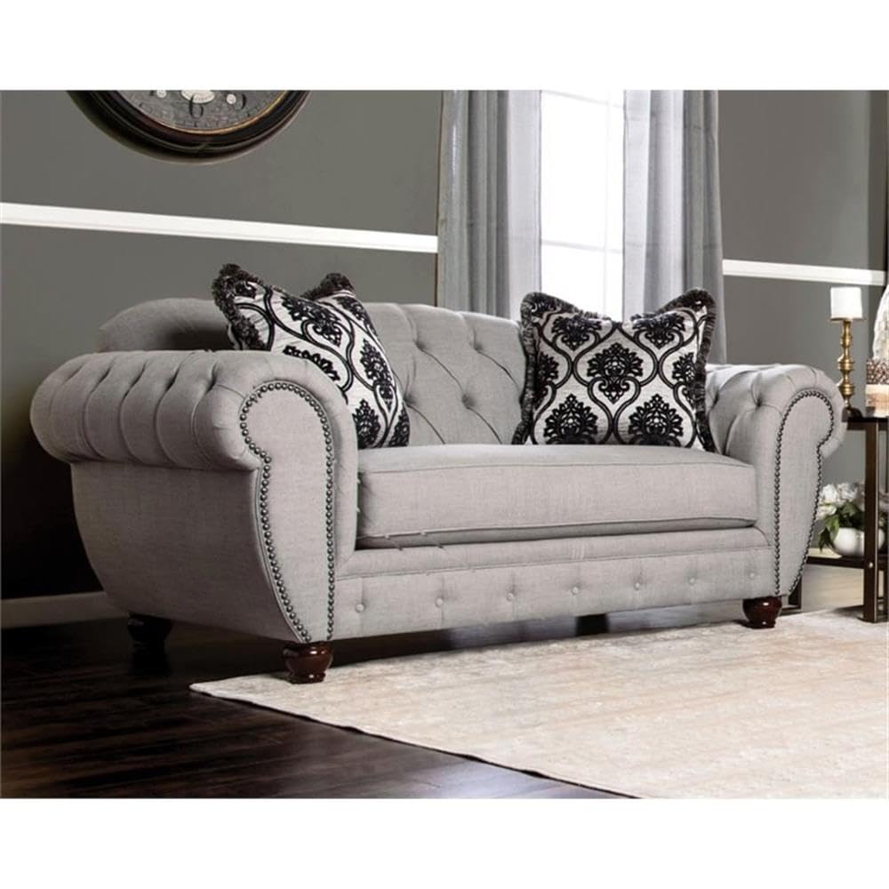Furniture of America Isabella Transitional Fabric Tufted Loveseat in Gray - Stylish Small Sofa for Living Room, Apartment & Cozy Home Decor