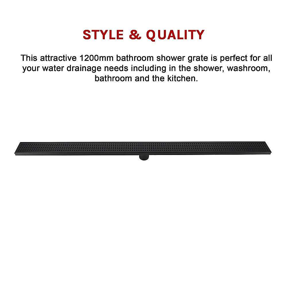 1200mm Black Square Pattern Bathroom Shower Drain Grate with Center Outlet - Durable Floor Waste for Modern Bathrooms, Showers & Wet Rooms (Waterproof & Anti-Slip Design)