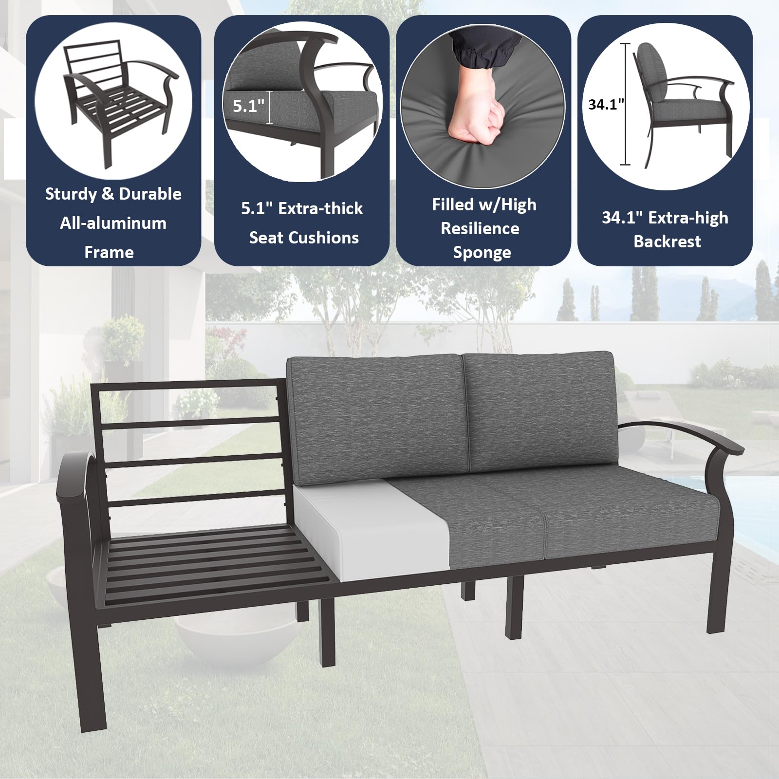 10-Piece Aluminum Patio Furniture Set with Propane Fire Pit Table & Swivel Chairs - Grey Outdoor Sectional Sofa with 5.1