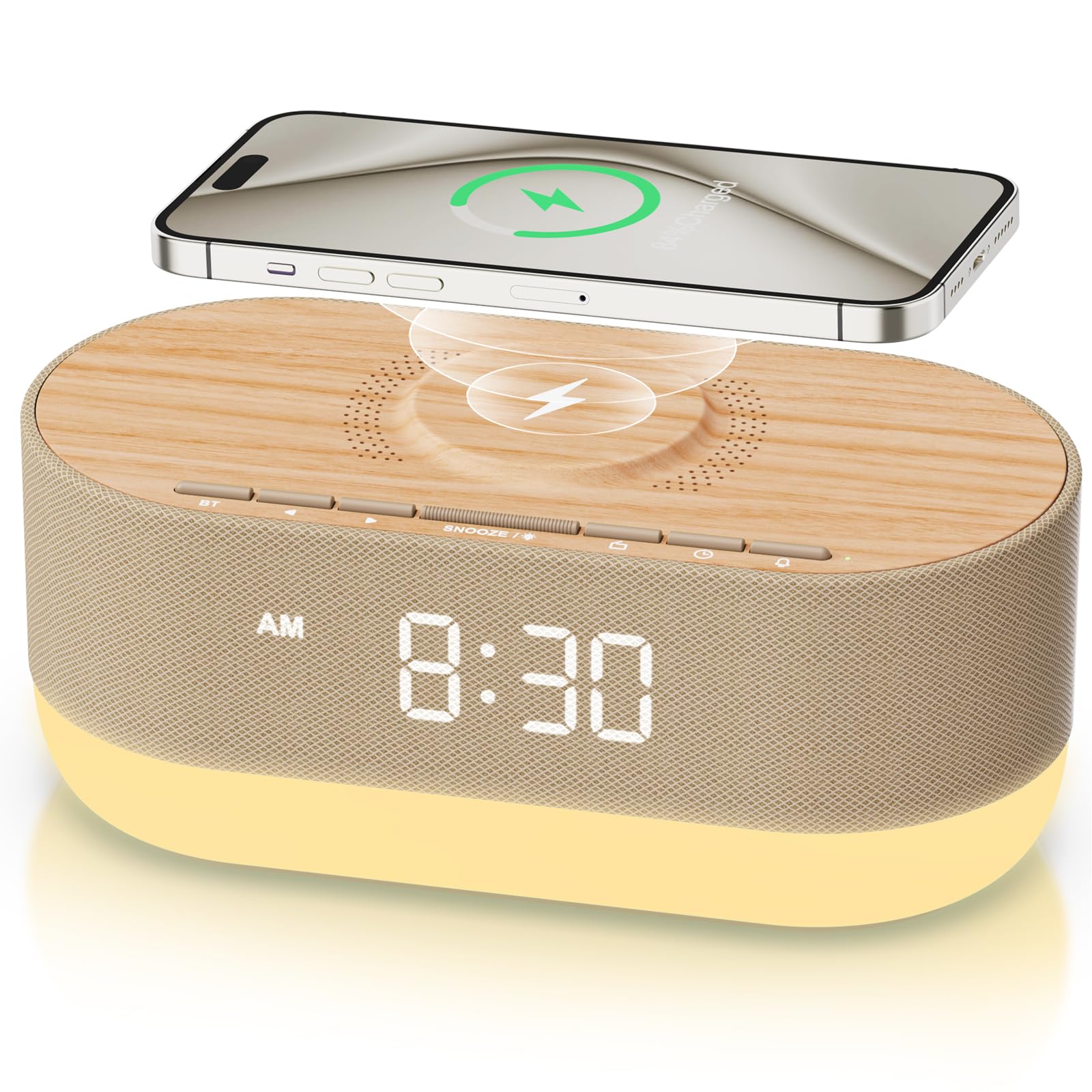 HOUSBAY 3-in-1 Alarm Clock Radio with Wireless Charger & Bluetooth Speaker - 10W Fast Charging for iPhone Samsung - Dimmable Night Light & Soft Alarm - Digital Bedside Clock for Bedroom Office (Wood Tone) - Perfect for Nightstands, Home Decor & Gift Giving