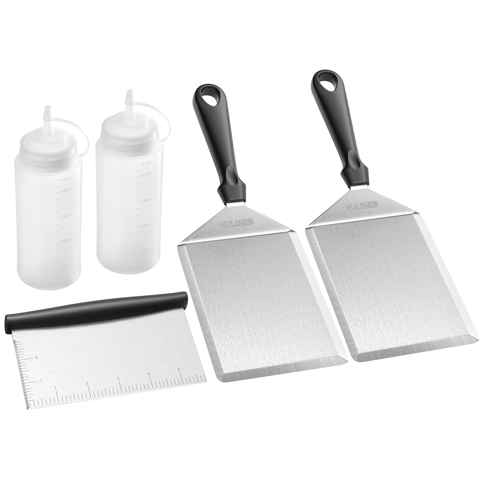 HULISEN 5-Piece Griddle Accessories Kit - Stainless Steel Spatula with Cutting Edges (6x5 Inch), 2 Squeeze Bottles, Chopper & Scraper - Essential Flat Top Grill Tools for Indoor/Outdoor Cooking - Perfect for Burgers, Pancakes & BBQ Parties