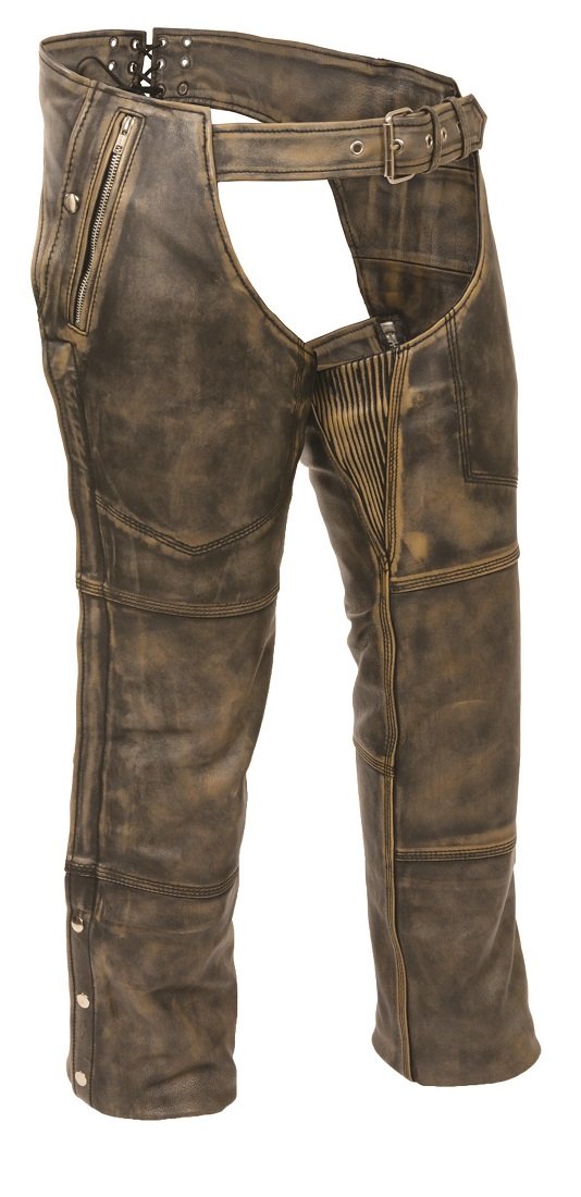 Milwaukee Men's Distressed Leather 4-Pocket Thermal Lined Chaps - Large Size, Brown | Motorcycle Riding Gear for Cold Weather Protection & Style