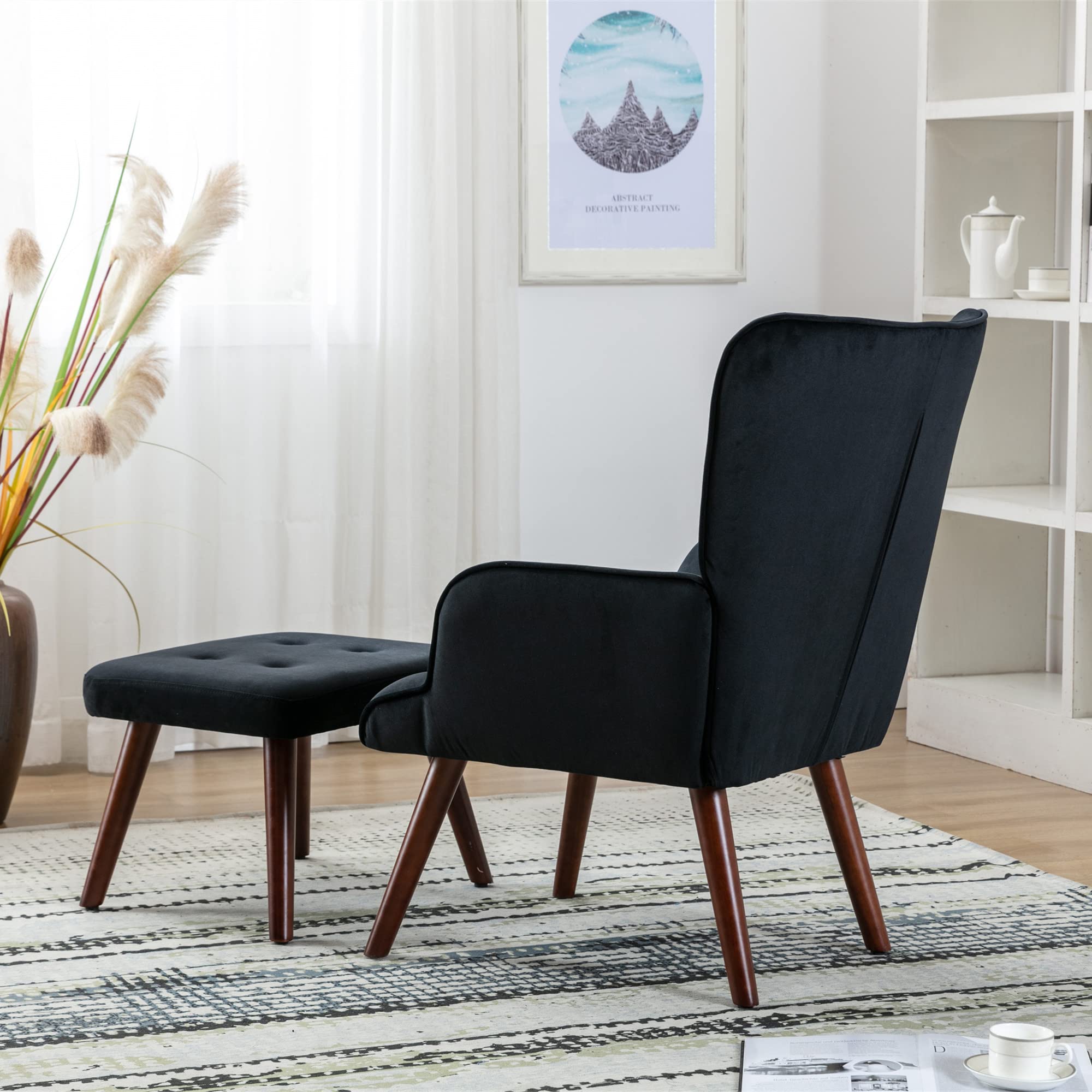 Comfortable Lounge Chair with Ottoman - Solid Wood Frame, Rolled Arm Design for Bedroom, Living Room & Indoor Use - Perfect for Relaxing, Reading & Watching TV (Black)