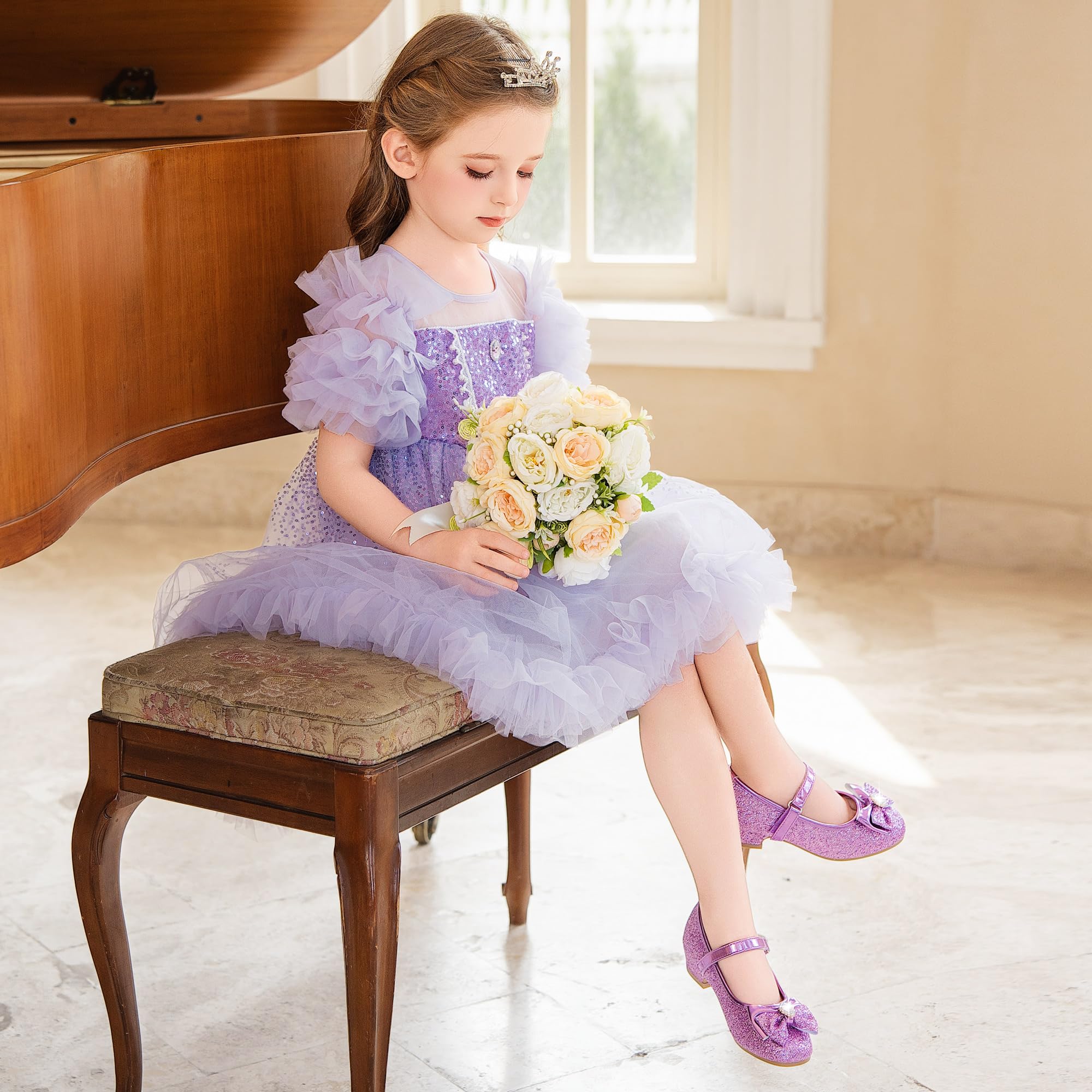 **Furdeour Girls Mary Jane Dress Shoes - Glitter Princess Heels for Toddler & Kids - Flower Wedding & Bridesmaid Party Shoes - Perfect for Special Occasions & Photo Shoots**