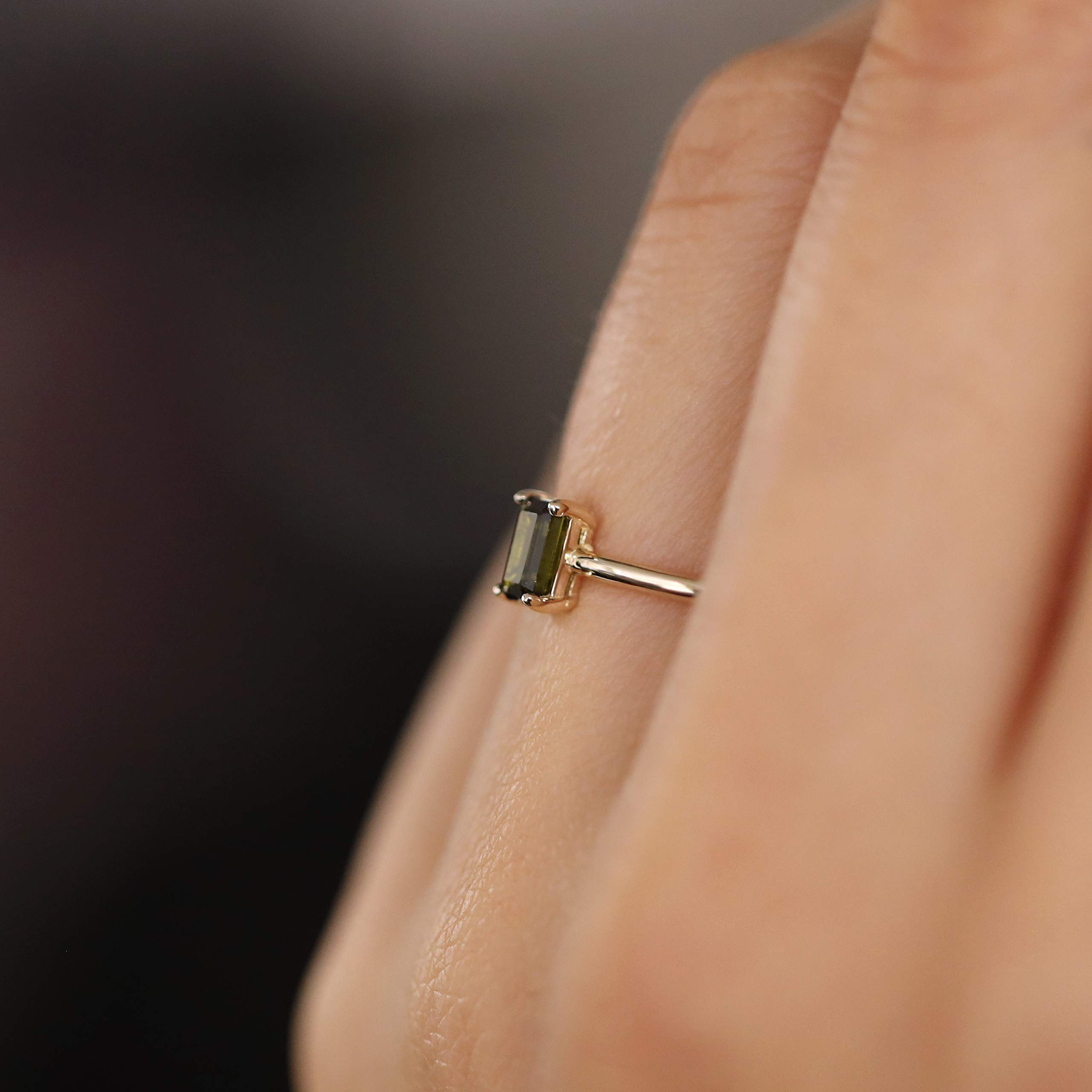 14K Solid Gold Olive Green Tourmaline Solitaire Ring - Baguette Cut Minimalist Birthstone Jewelry for Women, Perfect for Everyday Wear, Anniversary Gifts & Special Occasions