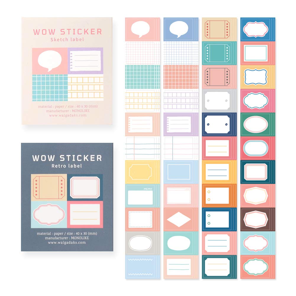 Monolike Wow Sticker Sketch Label & Retro Label Set - Mini Cute Square Stickers for Journals, Planners, Scrapbooks & DIY Crafts