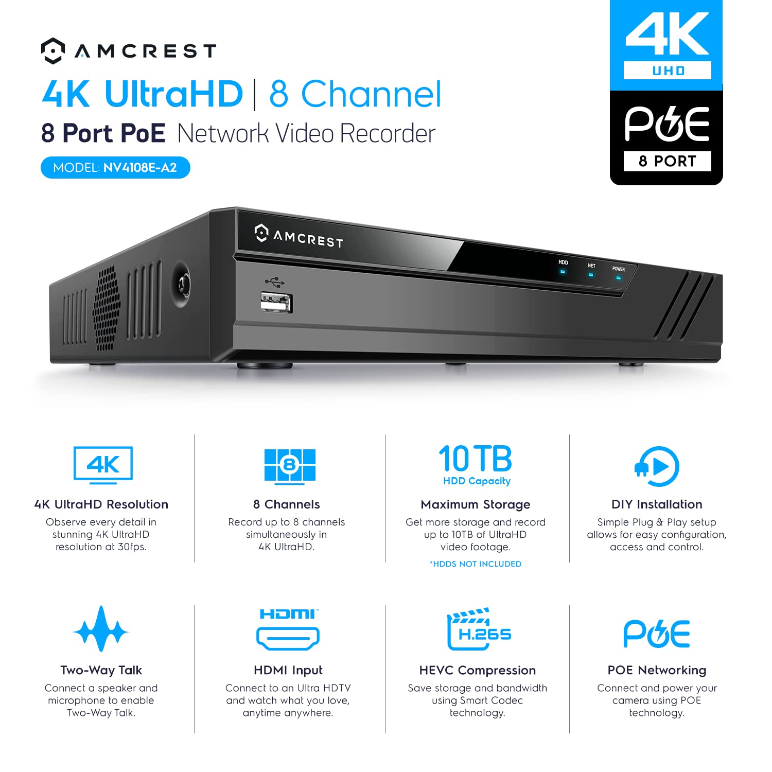 Amcrest NV4108E-A2 8CH 4K POE NVR Security System - 8MP/4K IP Camera Support, 10TB HDD Capacity (HDD Not Included) | Home & Business Surveillance Solution