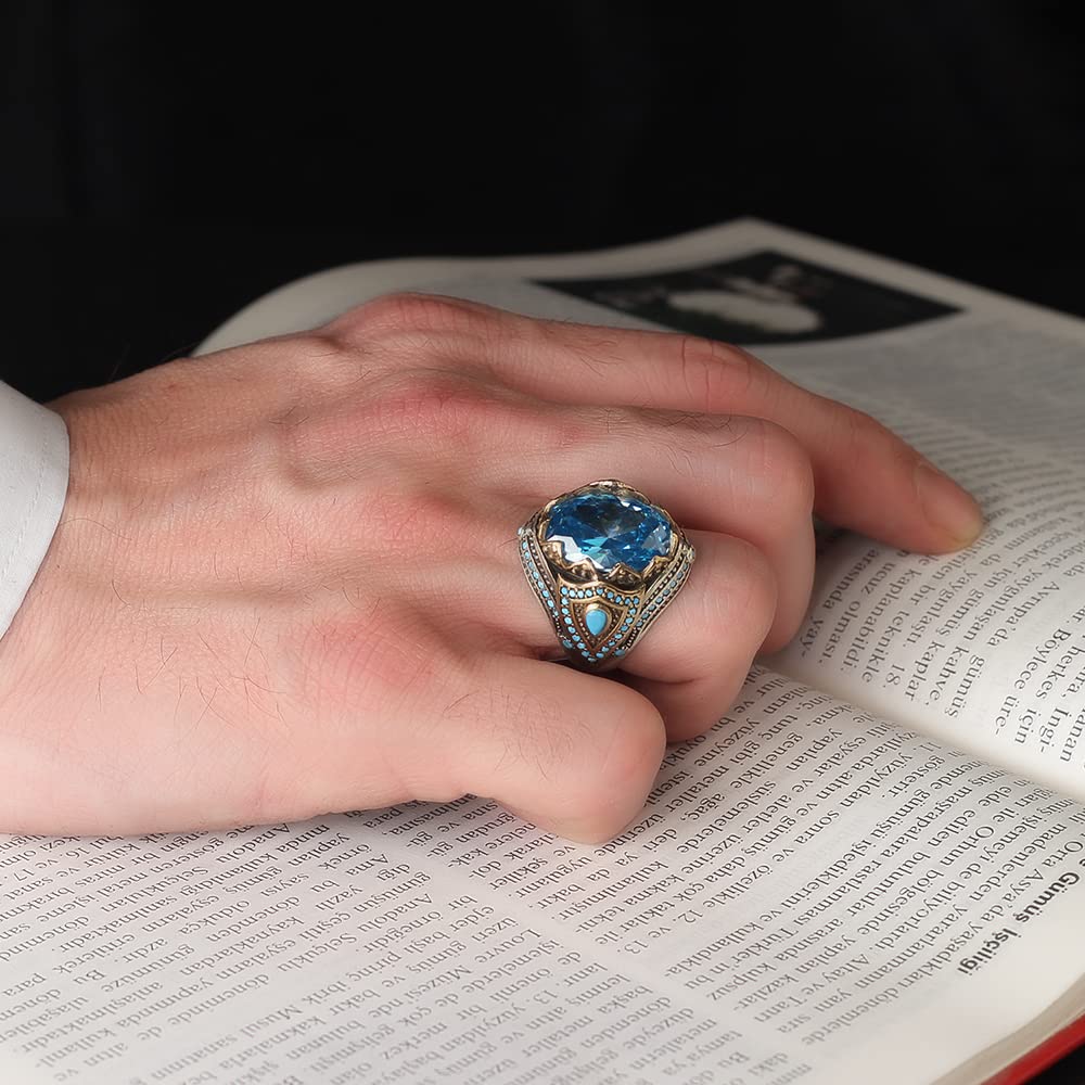 925 Sterling Silver Men's Ring with Genuine Blue Topaz Gemstone - Handmade Blue Topaz Silver Ring for Men - Elegant Blue Stone Silver Jewelry - Perfect Gift for Him, Boyfriend, Anniversary & Special Occasions - Ideal for Weddings, Date Nights & Formal Events