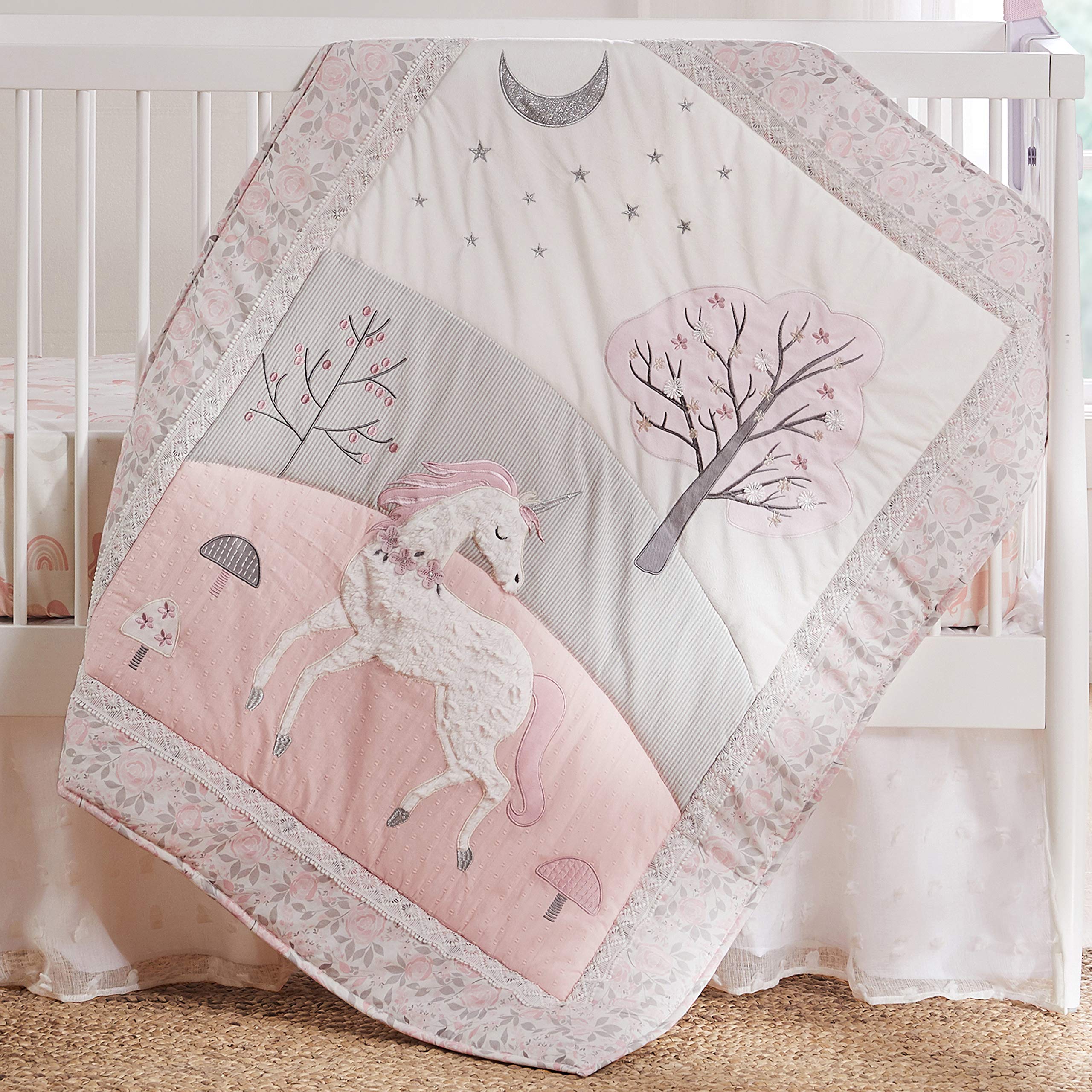 Levtex Baby Colette 5-Piece Crib Bedding Set - Grey Pink White Unicorn Nursery Collection with Quilt, Fitted Sheets, Wall Decal & Dust Ruffle | Perfect for Baby Girl's Room Decor & Newborn Gift