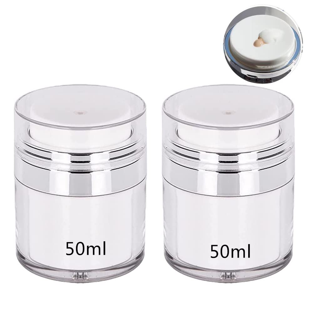 2Pcs Airless Pump Jars - 50ml Refillable Vacuum Cream Containers for Travel | Portable Lotion Dispenser for Face Cream, Moisturizer, Eye Serum & Makeup | Leak-Proof Cosmetic Storage for Home & On-The-Go Use