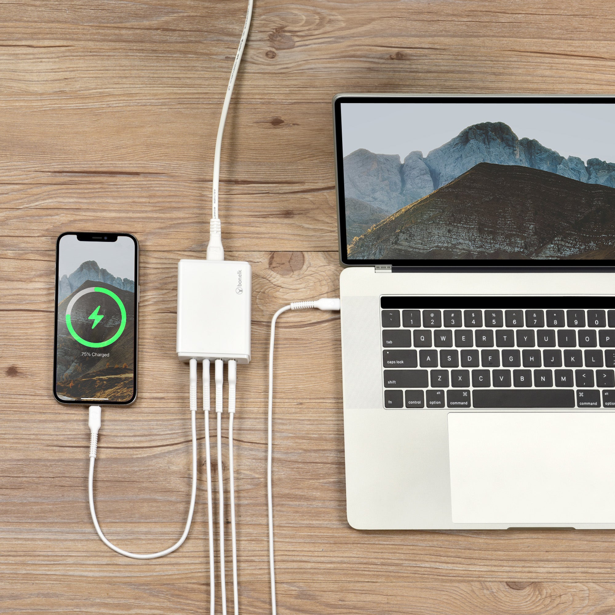 Bonelk 65W Desktop Charger with 2 USB-C & 2 USB-A Ports - Fast Charging Station for Phones, Tablets & Laptops - White | Perfect for Home, Office & Travel Use